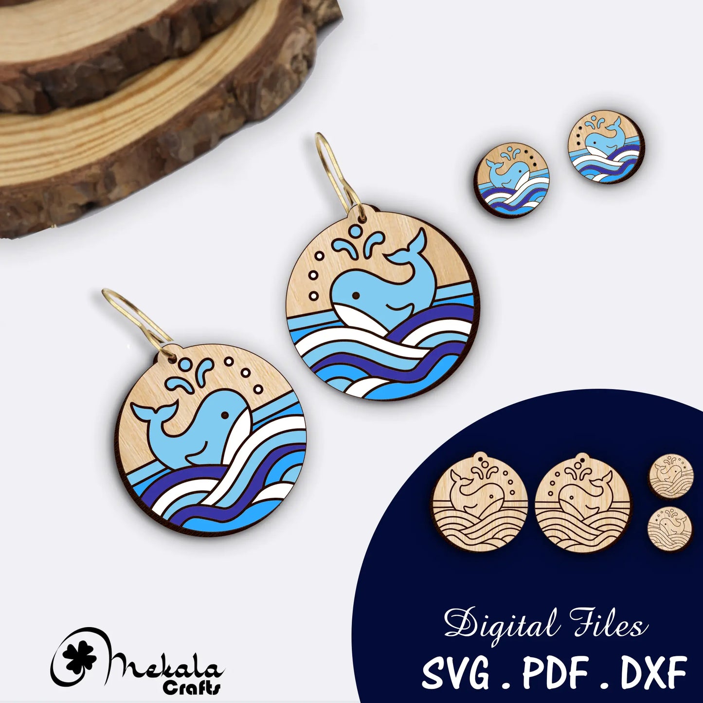 Blue whale laser cut wood acrylic earring file in svg dxf and pdf format