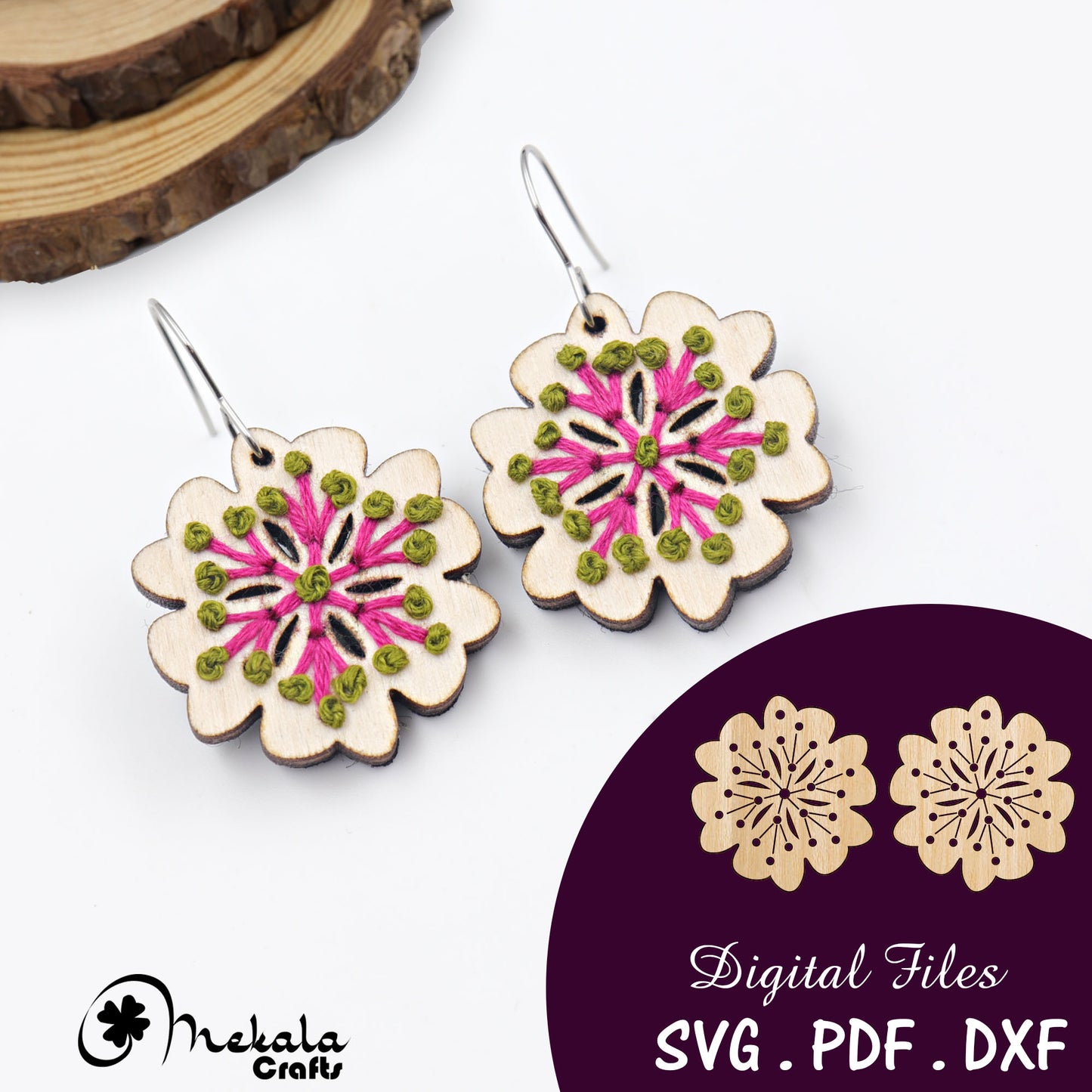 Floral Embroidery Earrings laser cut file for glowforge and other laser cutters in svg , pdf and dxf file format, lighburn compatible