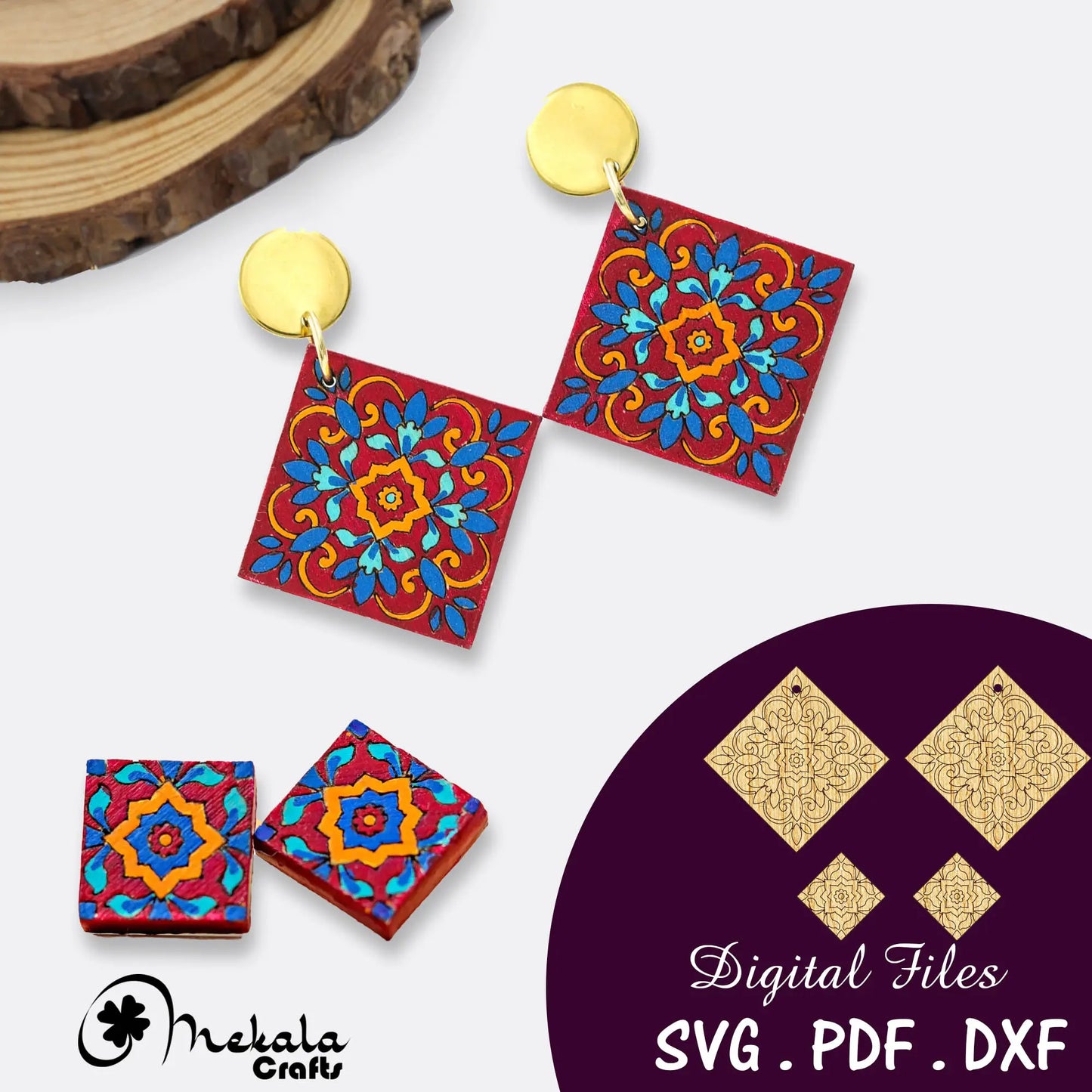 tile laser cut earrings cut svg files | spanish tile earring | mexican tile earring | wooden earrings | available in svg pdf and dxf formats