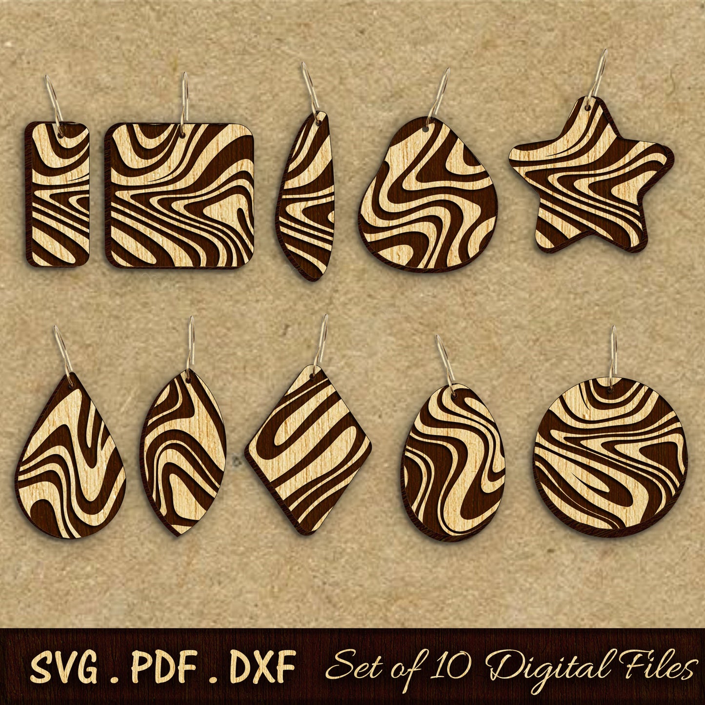 marble waves laser cut earring file, wave pattern earrings, wood earrings, laser earring files, glowforge svg