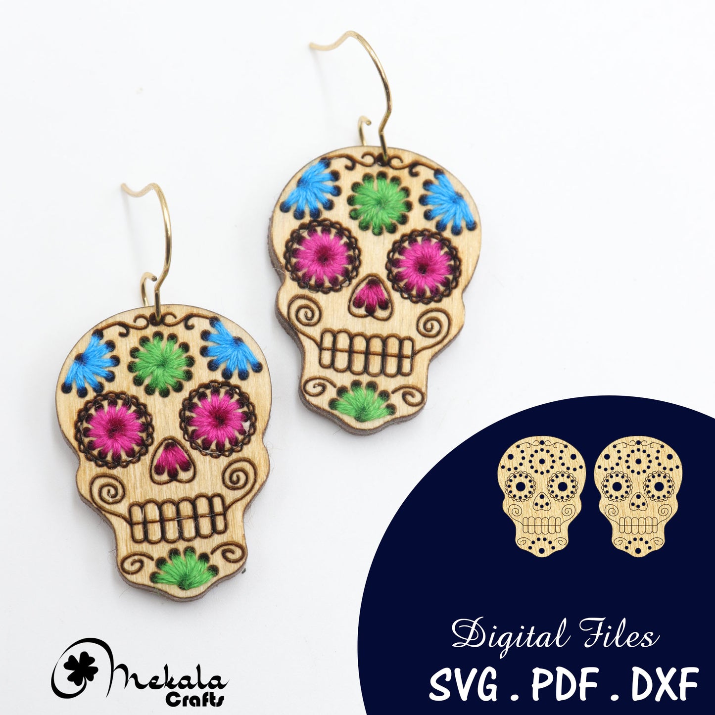 Sugar Skull embroidery earring laser cut file | wood acrylic leather | svg pdf and dxf