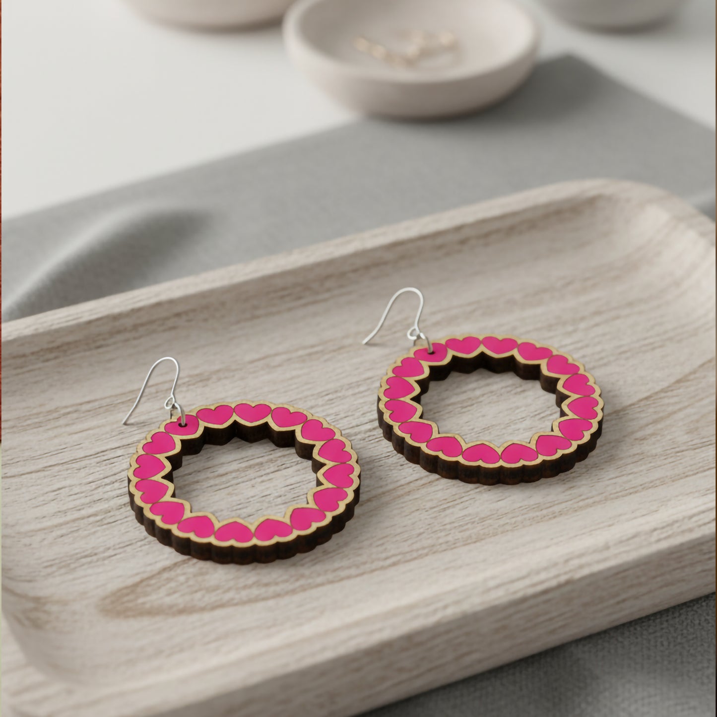 Hand-Painted Wooden Heart Hoop Earrings | Laser Cut Jewelry | valentine earrings