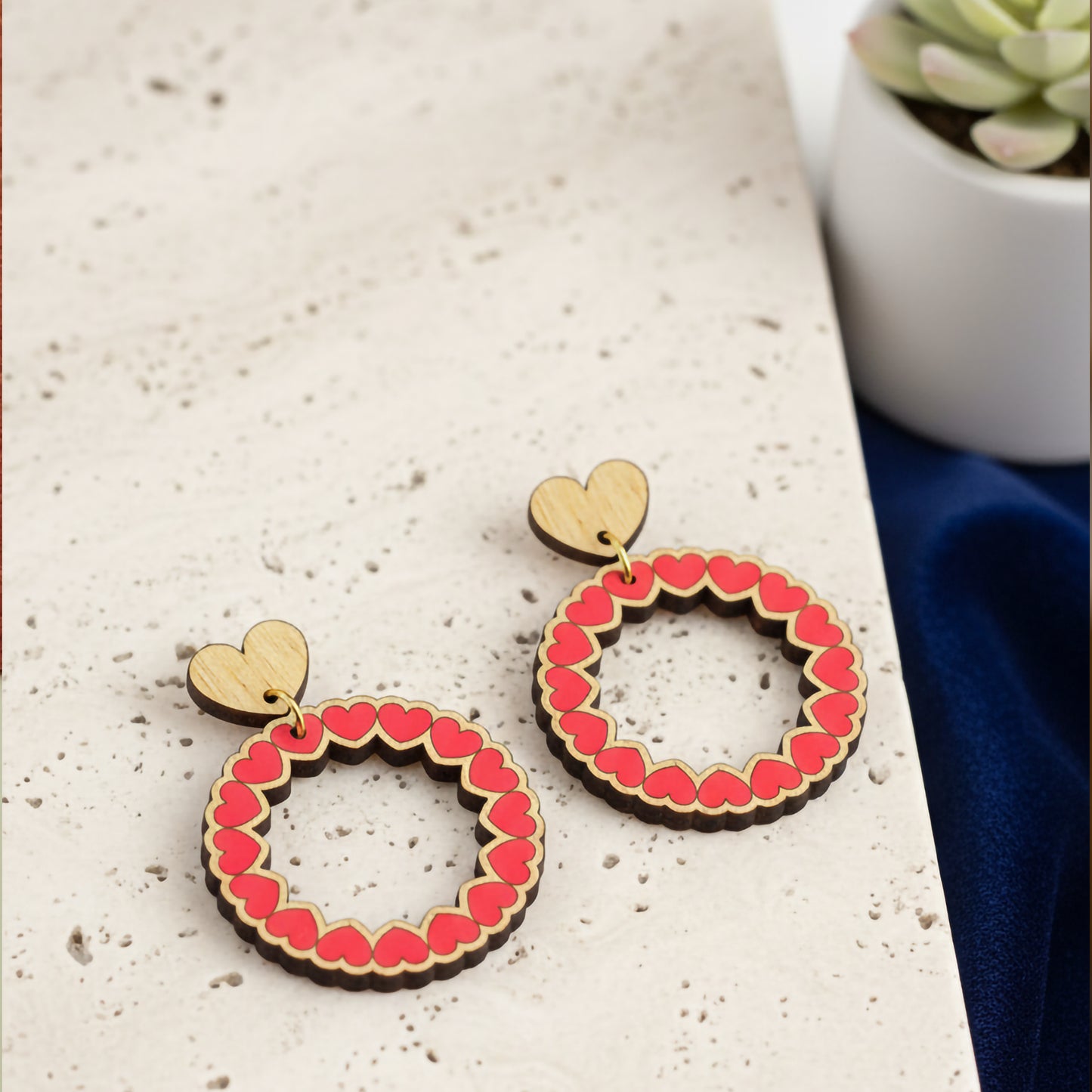 Hand-Painted Wooden Heart Hoop Earrings | Laser Cut Statement Jewelry | Lightweight Valentine Earrings