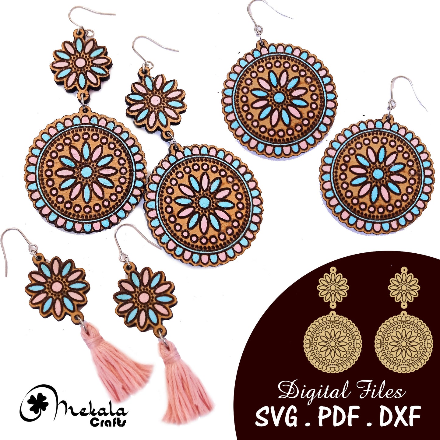 3 in 1 earrings file bohemian flower earring laser cut wood earrings | dangle earring in svg dxf and pdf formats