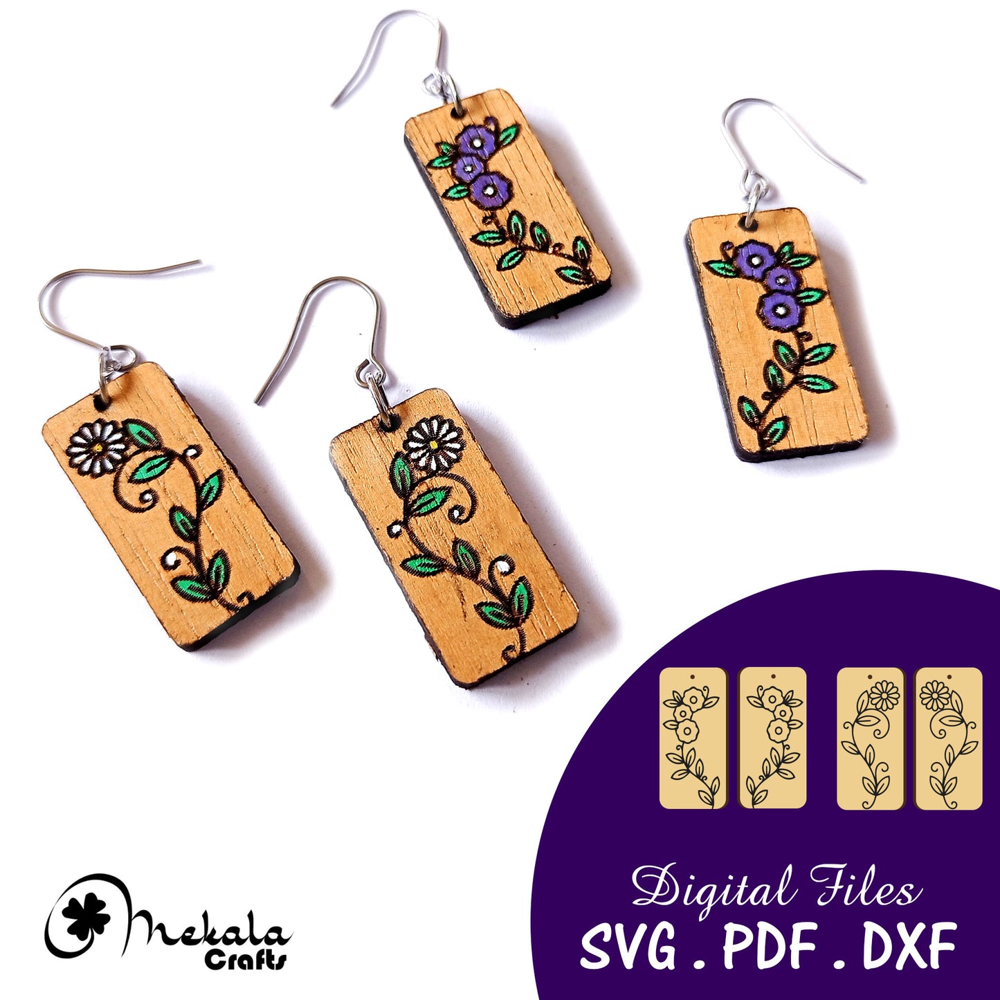 laser cut floral wooden earrings svg file | paint on wood acrylic earring file | 2 pairs of earring design file