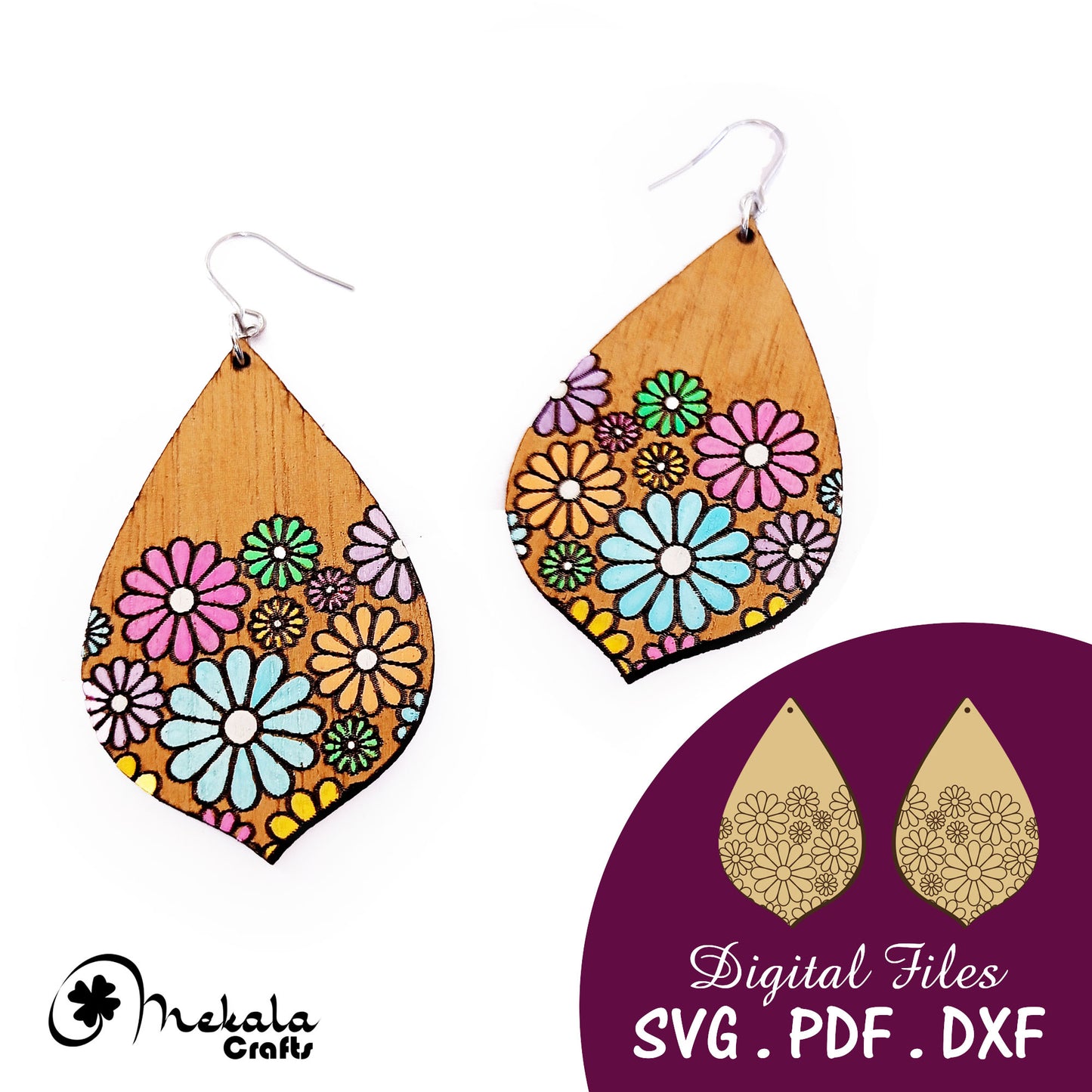 laser cut floral earrings daisy flower paint on engraved earrings digital file | available in svg pdf and dxf files