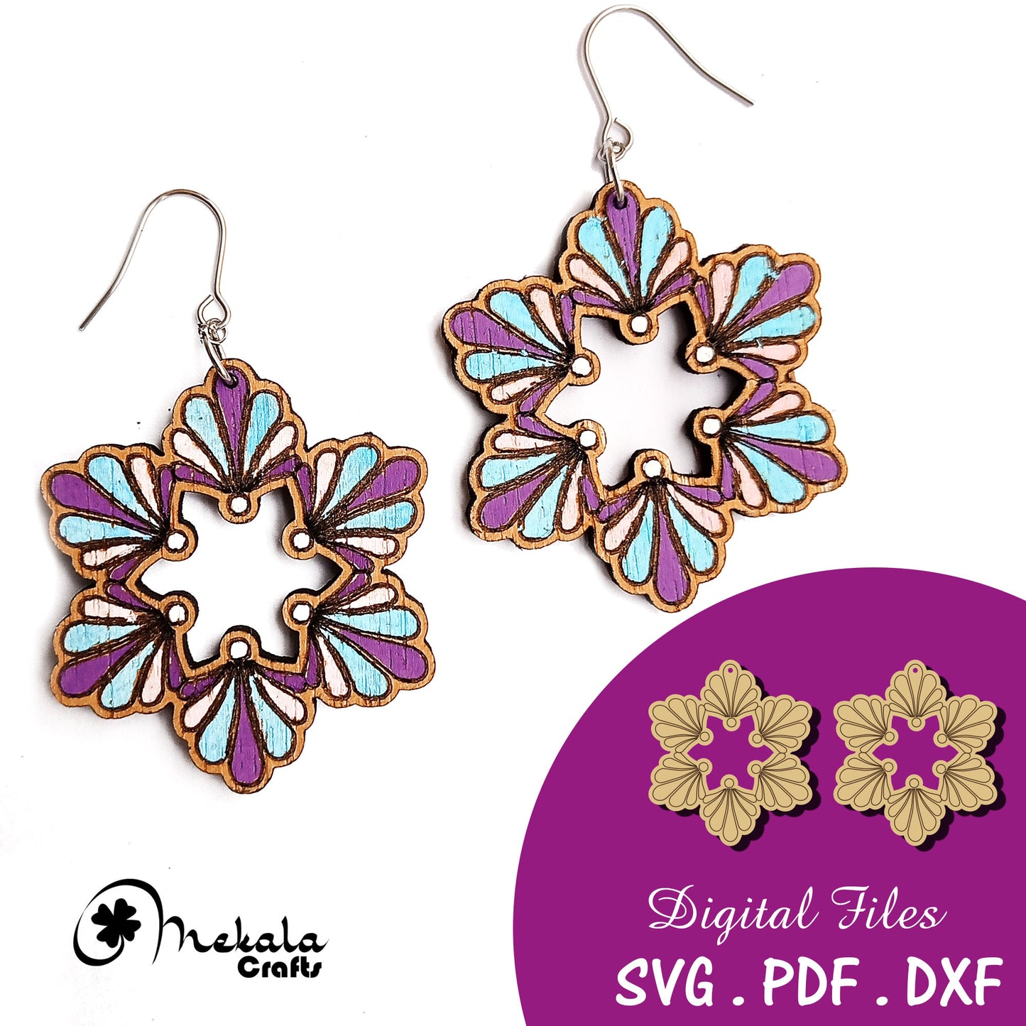 floral mandala engraved laser cut earrings file in svg dxf and pdf formats
