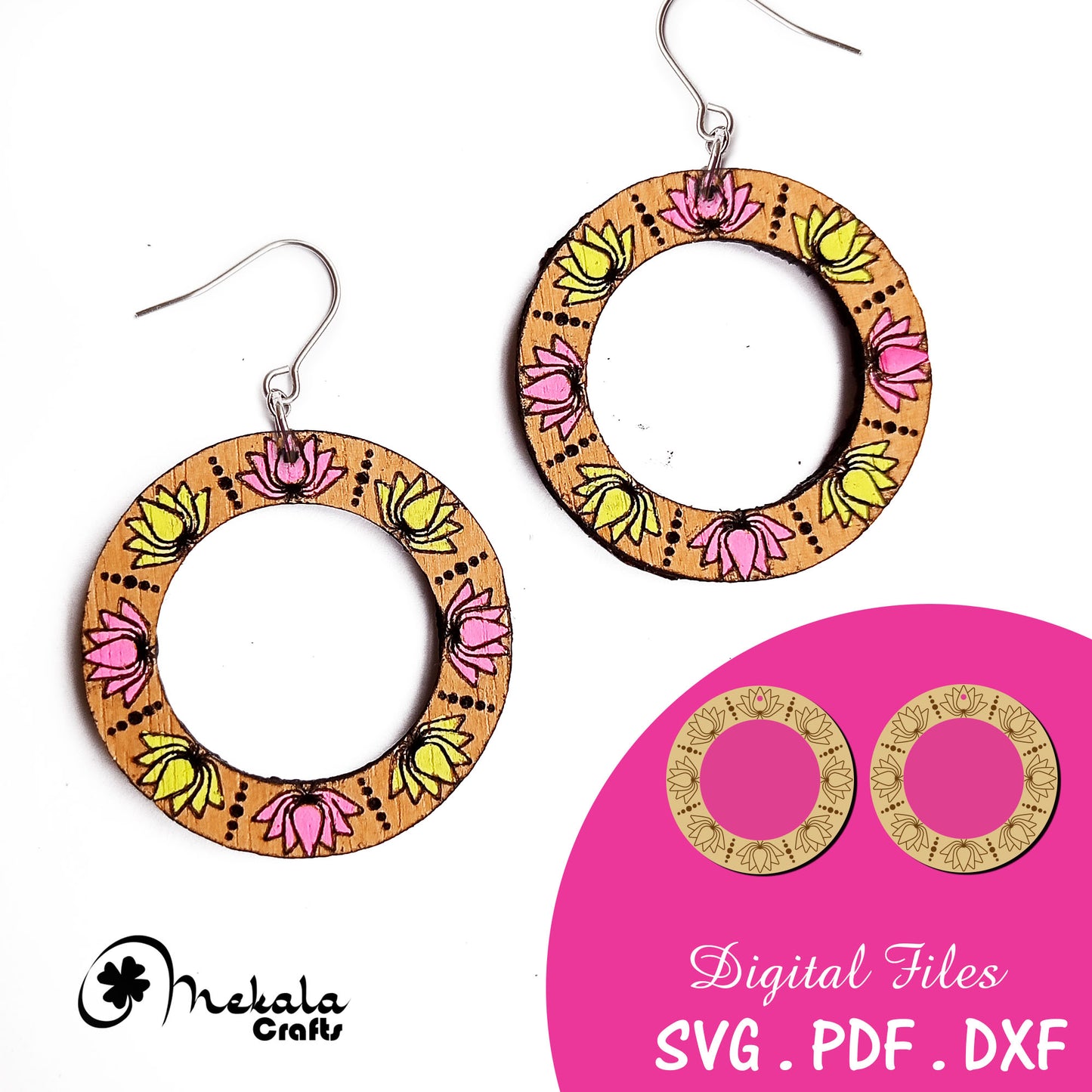 Lotus mandala hoop earrings laser cut engrave score earring file | svg pdf and dxf format