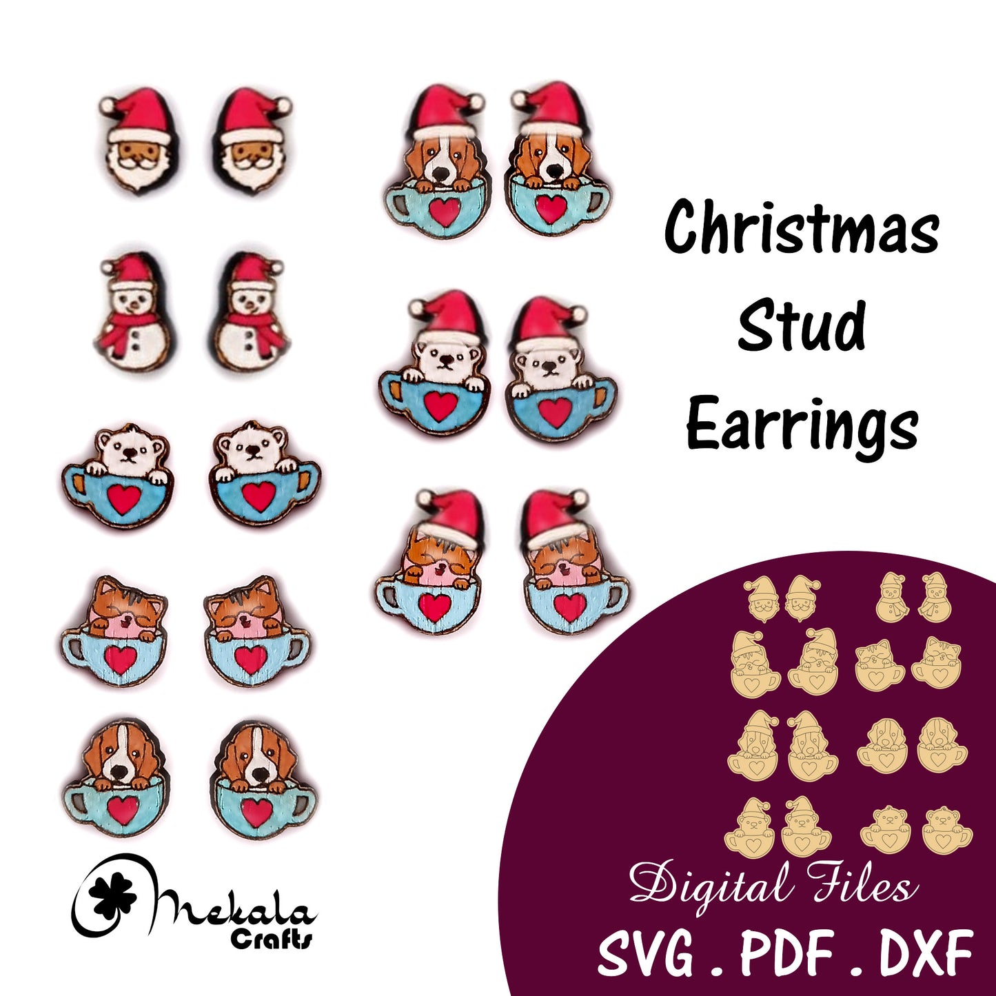 christmas stud earring file laser cut earrings file in svg dxf and pdf formats