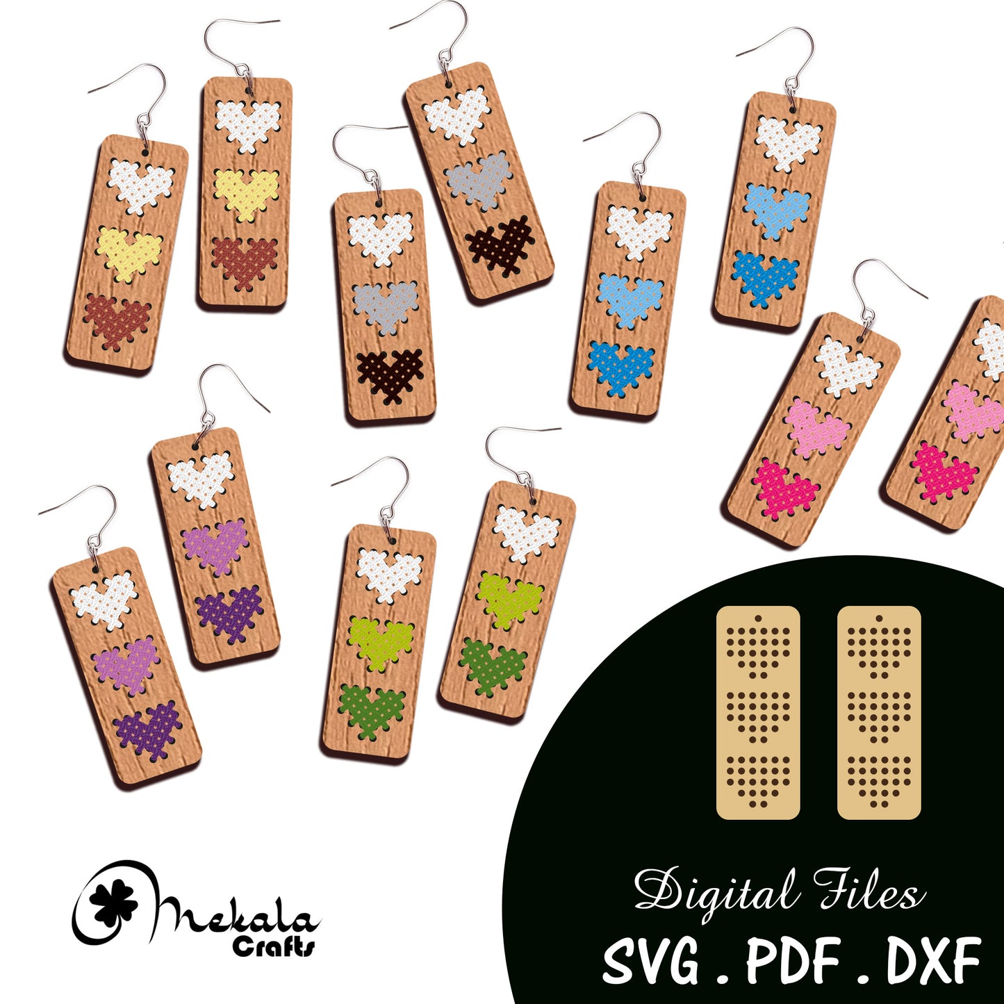 heart embroidery cross stitch laser cut earring file for wood leather and acrylic in svg pdf and dxf format