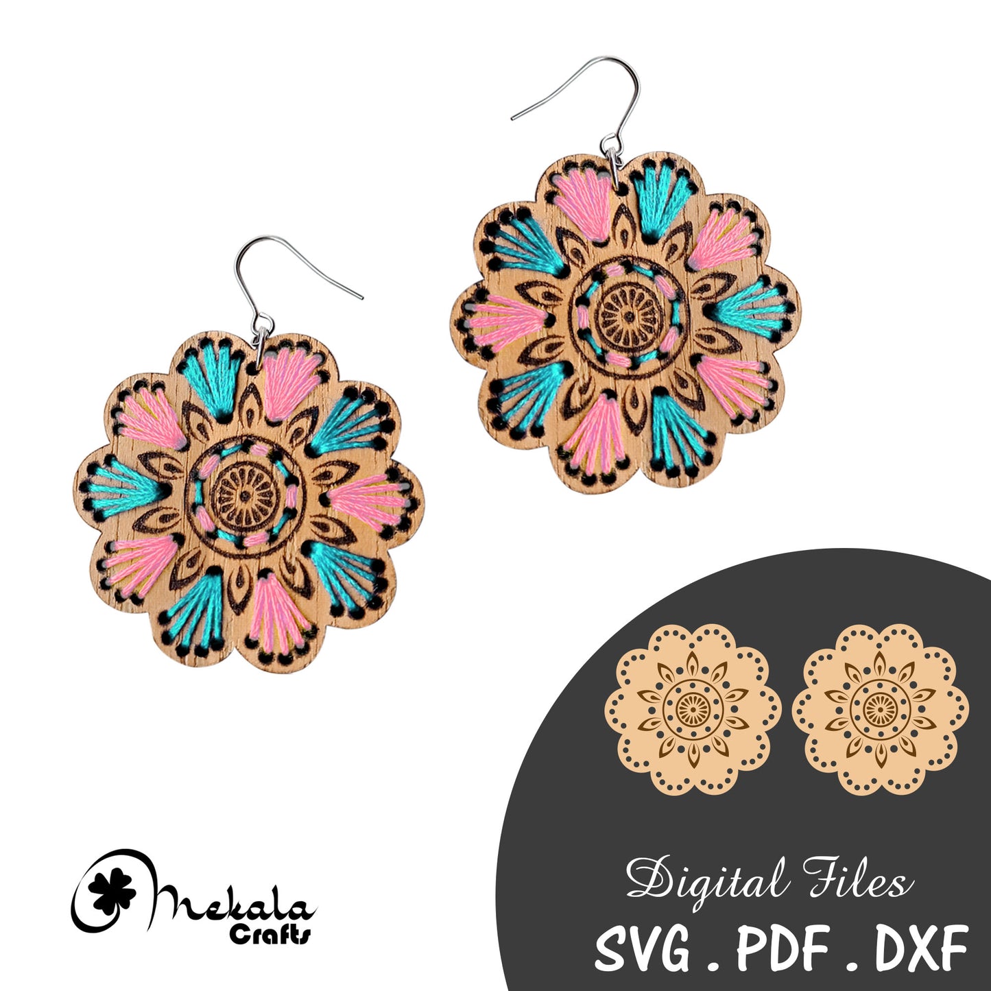 embroidery earring floral mandala svg file wood laser cut embroidery earrings file wood acrylic and leather laser cutting