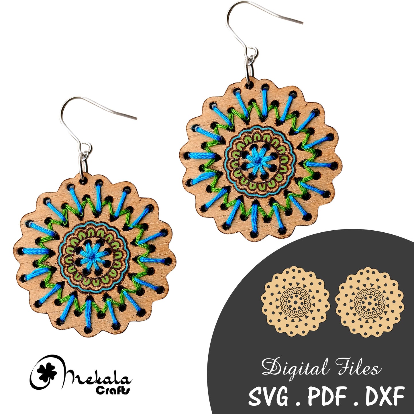 embroidery earrings svg file sunburst mandala laser cut file available in svg dxf and pdf format