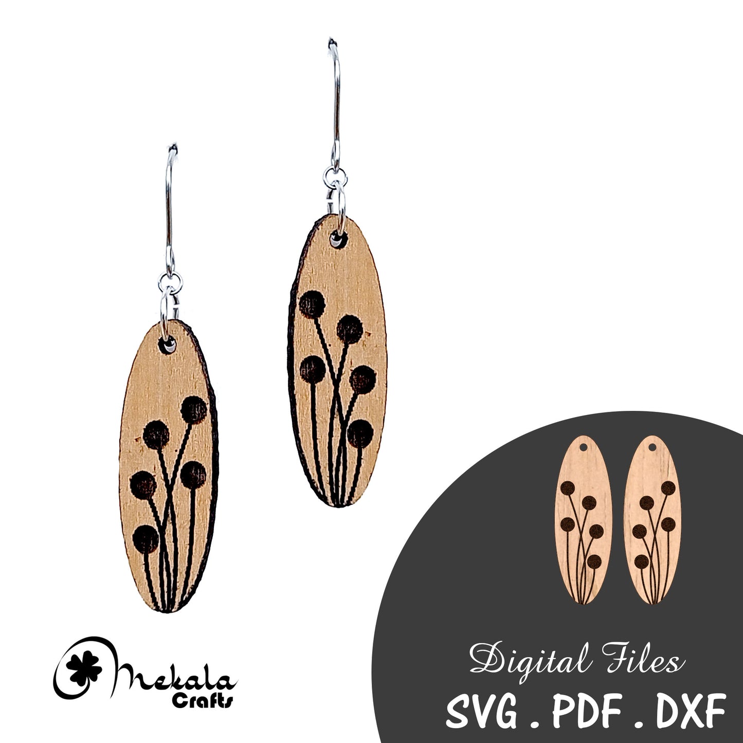 Simple Oval shaped Round Floral dangle earrings wood laser cut earring file in svg dxf and pdf format