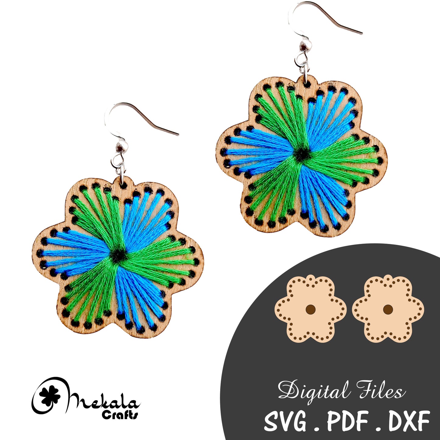 Floral embroidery wood earrings laser cut file for wood acrylic and leather earrings available in pdf svg and dxf file format