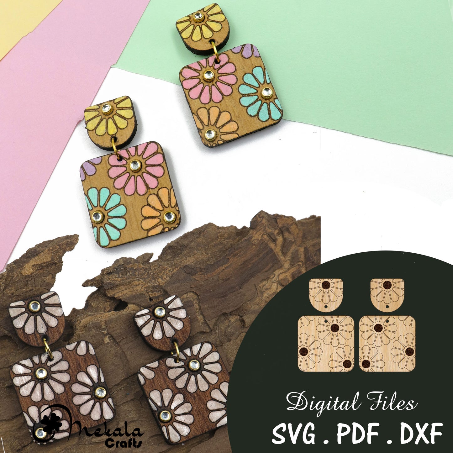 floral laser files | easy cut files | daisy flower wood earrings file | svg pdf and dxf file formats