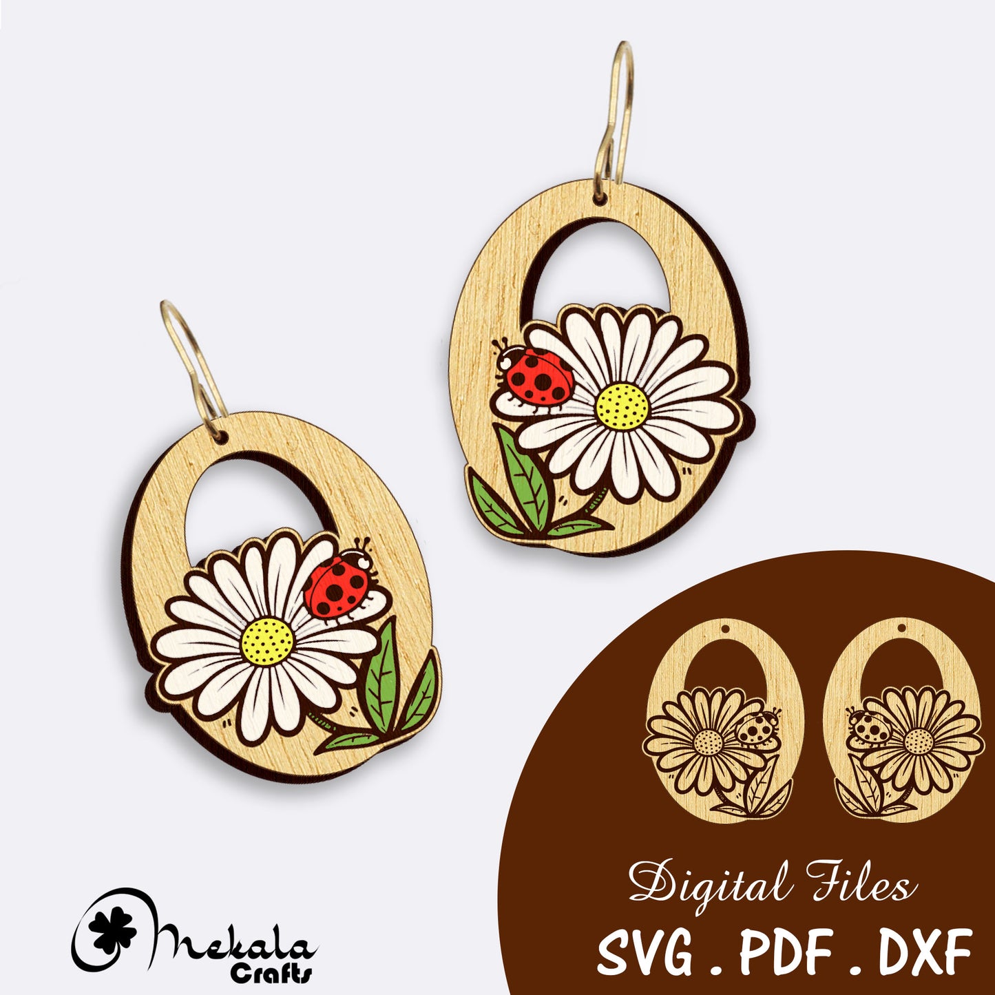 daisy flower lady bug wooden earrings laser cut file svg dxf and psd works with glowforge lightburn compatible and other lasers