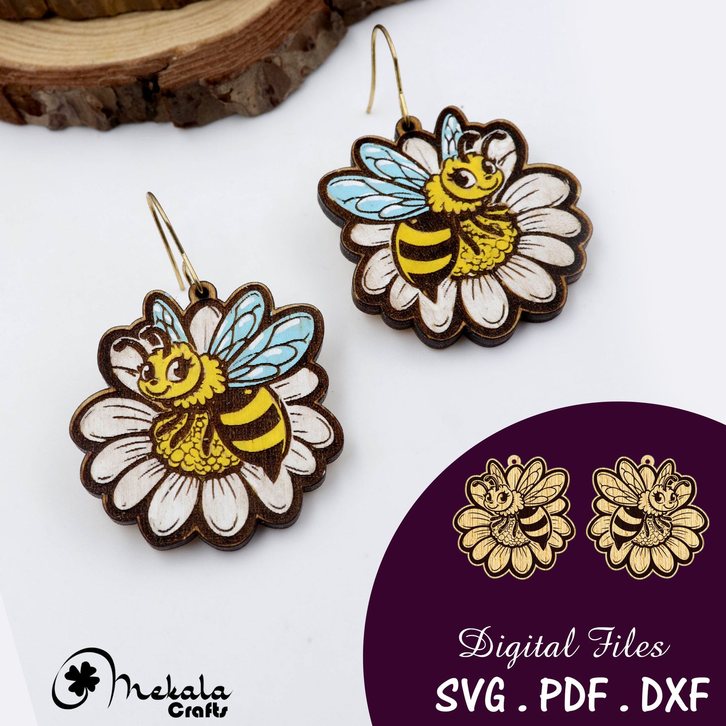 honey bee on a daisy flower laser cut earring file available in svg pdf and dxf files