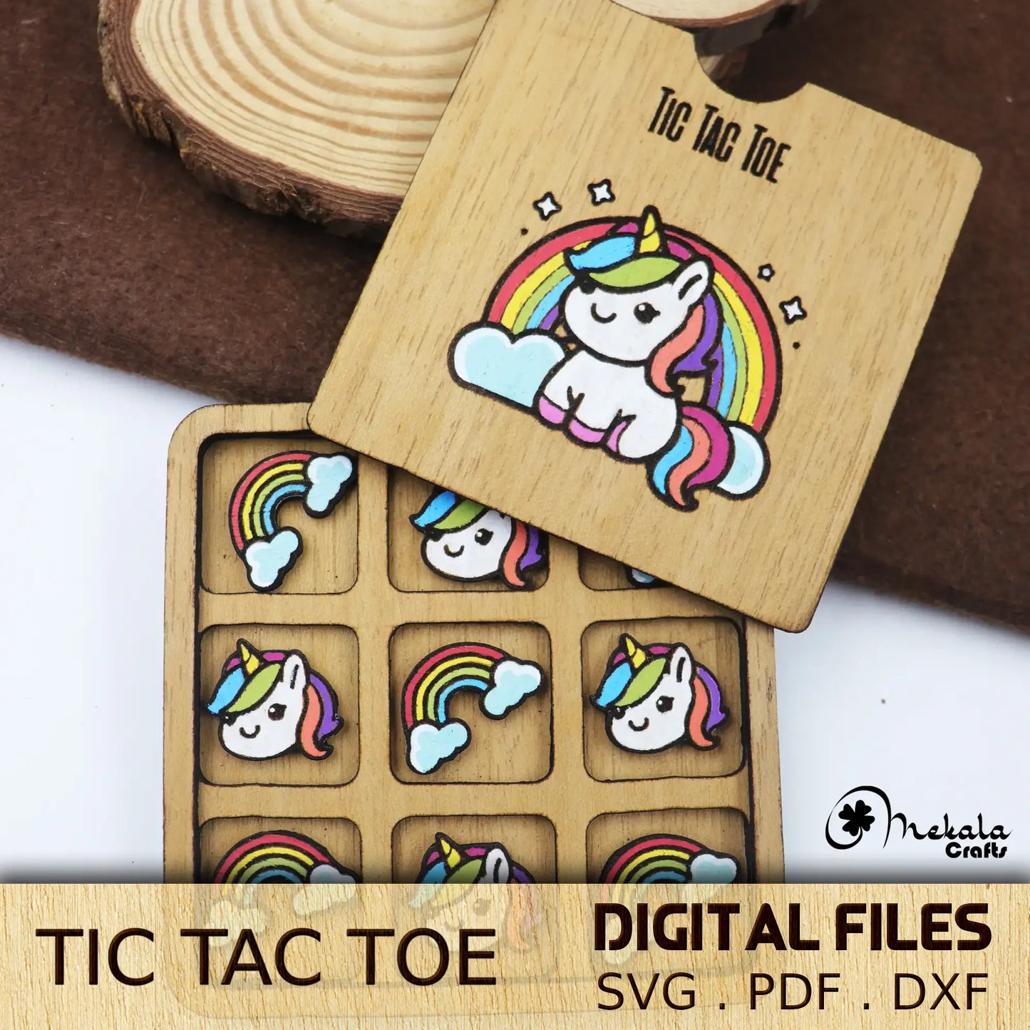 Tic Tac Toe wooden game | unicorn and rainbow | svg pdf dxf laser cut files | digital download | instructions Manual Included