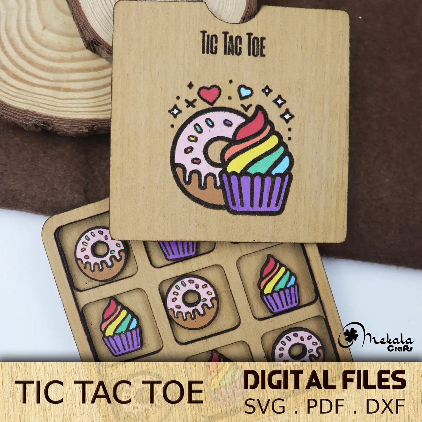 Tic Tac Toe wooden game | Donut and cupcake | svg pdf dxf laser cut files | digital download | instructions Manual Included
