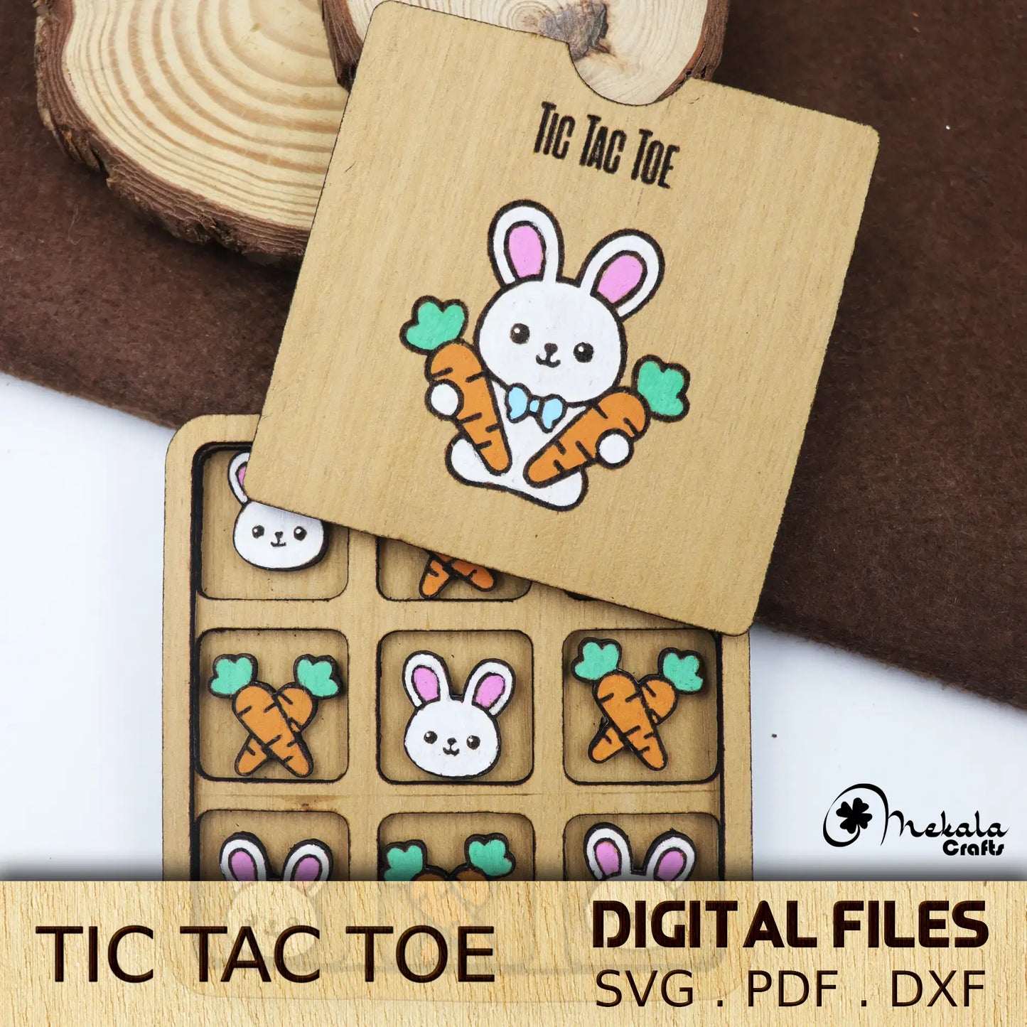 Tic Tac Toe wooden game | Bunny and Carrot | svg pdf dxf laser cut files | digital download | instructions Manual Included