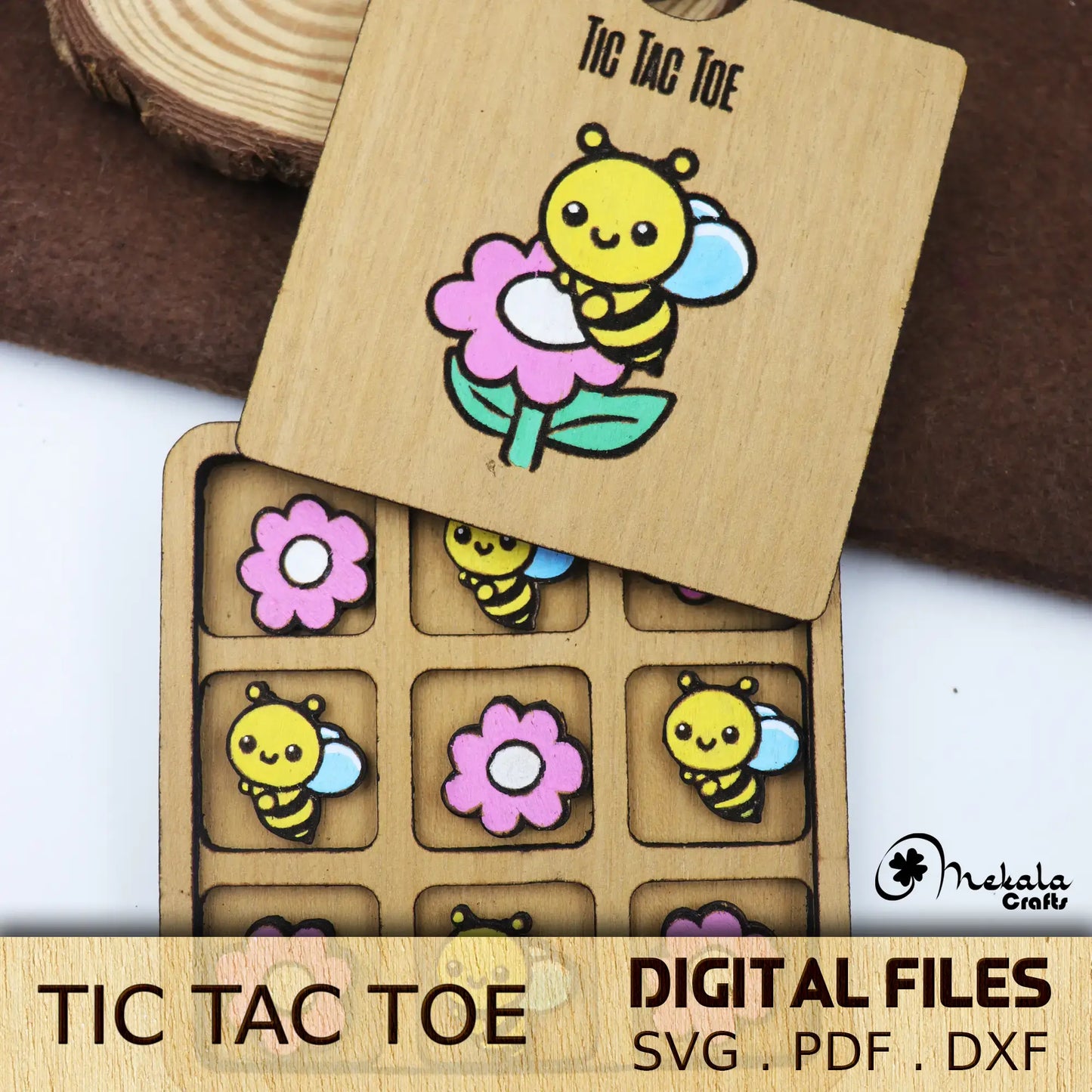 Tic Tac Toe wooden game | Honeybee and Flower | svg pdf dxf laser cut files | digital download | instructions Manual Included