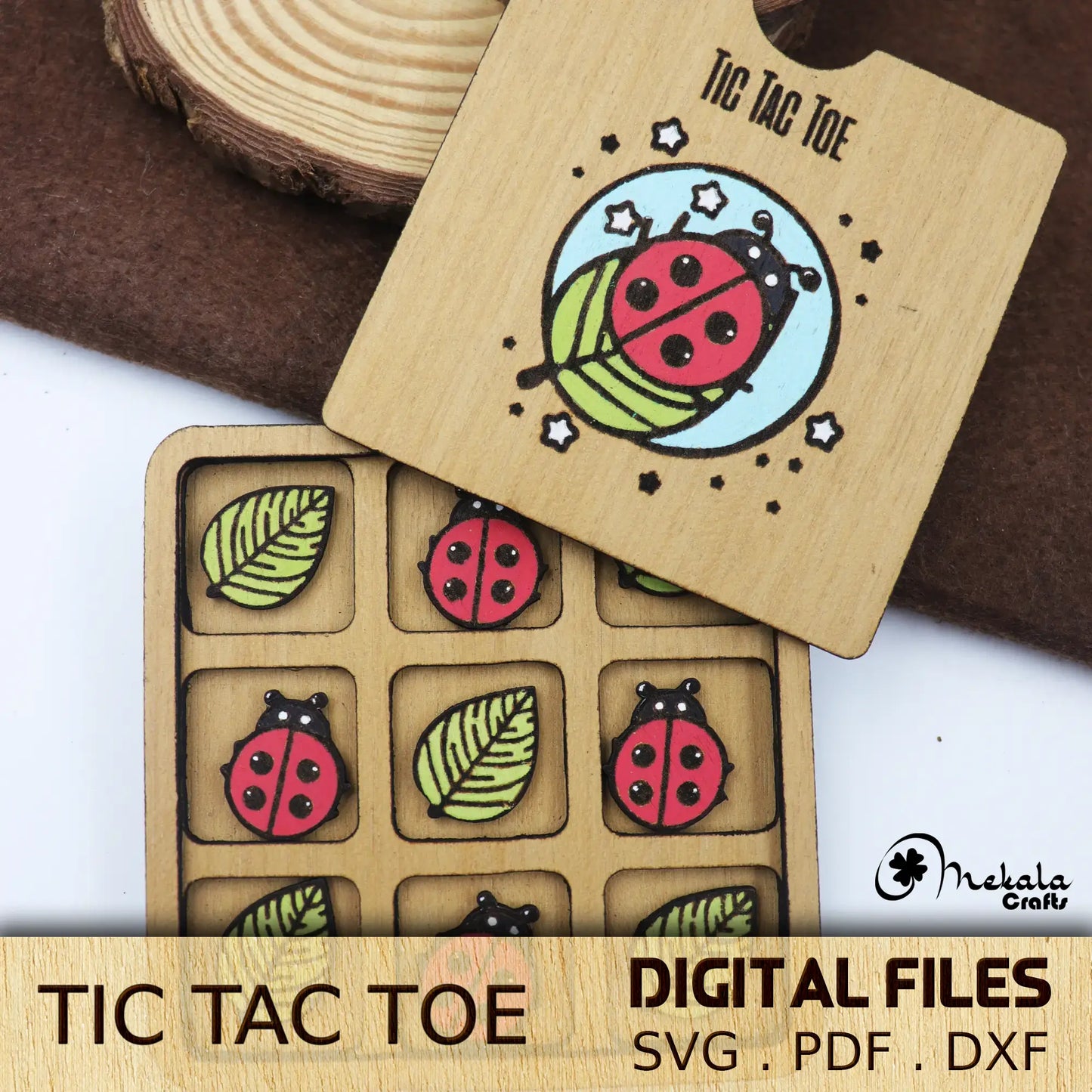 Tic Tac Toe wooden game | Lady Bug and Leaf | svg pdf dxf laser cut files | digital download | instructions Manual Included