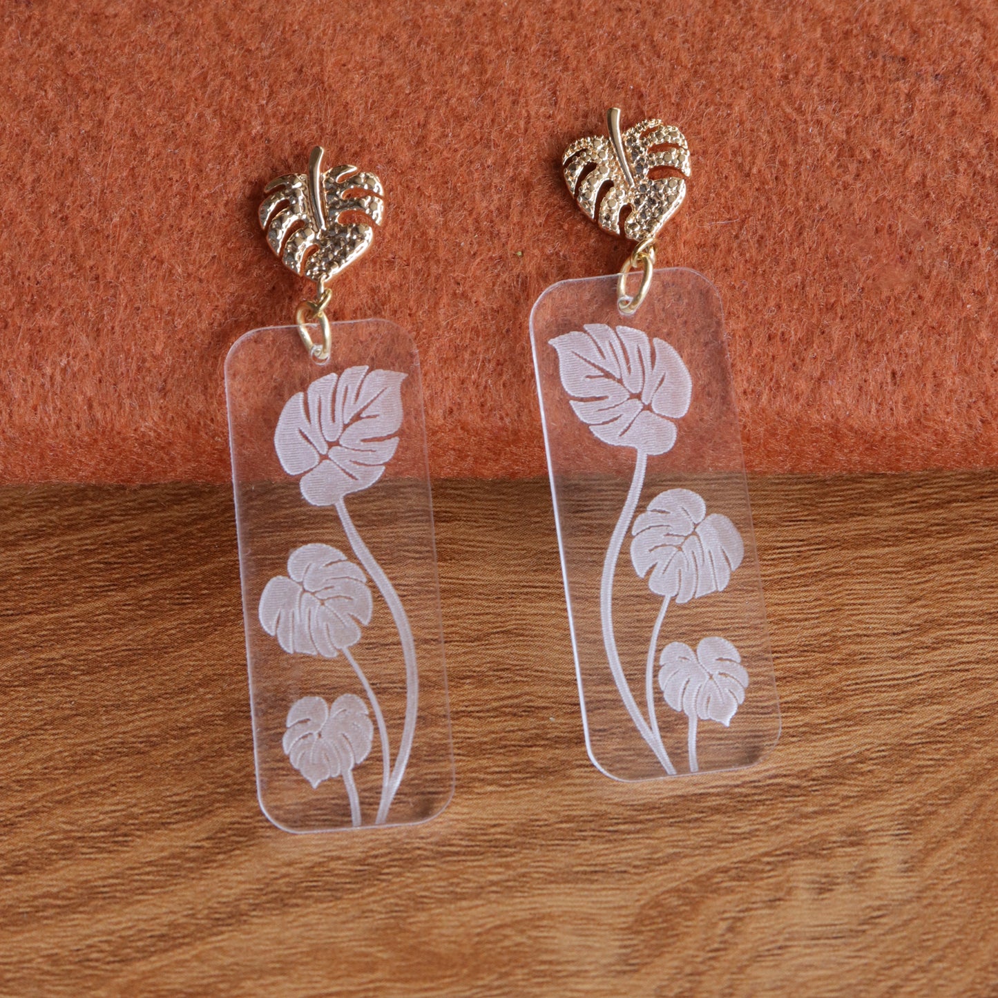 Clear Acrylic Monstera Leaf Earrings | Real 18K Gold Plated Monstera Brass Stud Earrings | Tropical Botanical Nickel-Free Dangle Earrings