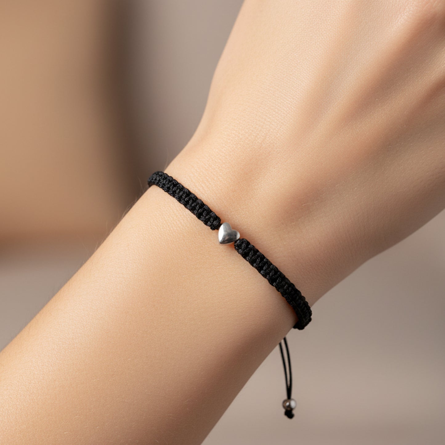 Unisex Braided Black Cord Bracelet with Silver Heart Bead – Adjustable Friendship Jewelry