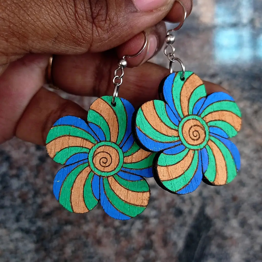 wavy floral wooden earrings