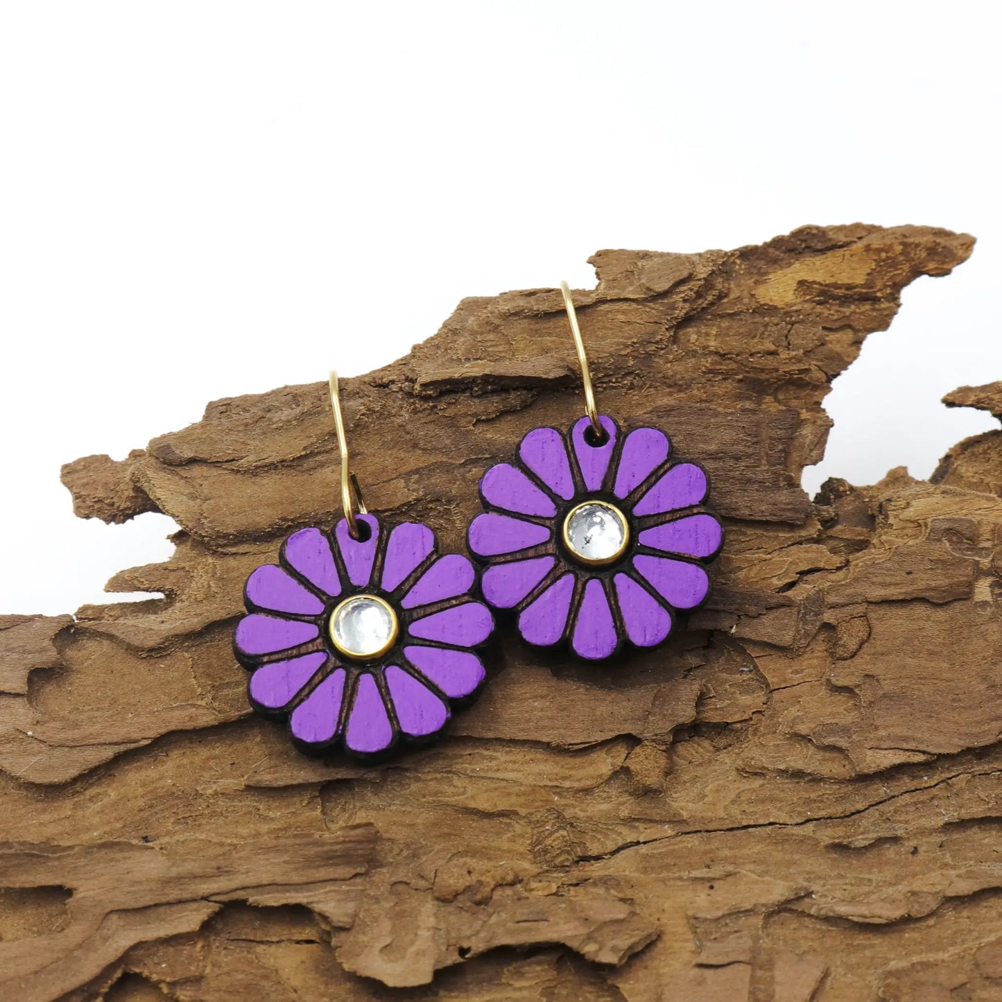 Wooden earrings | floral design embellished with kundan stones | hand-painted wooden light weight earrings
