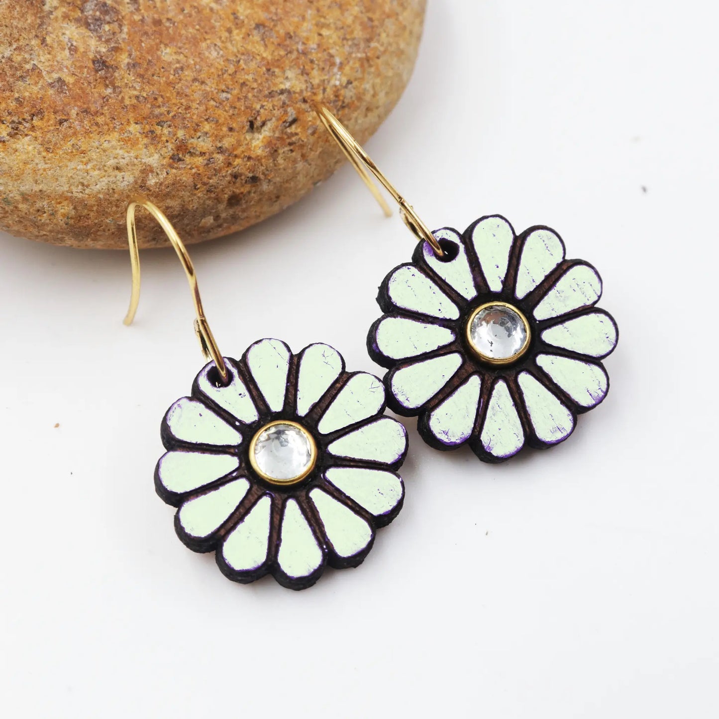 Wooden earrings | floral design embellished with kundan stones | hand-painted wooden light weight earrings