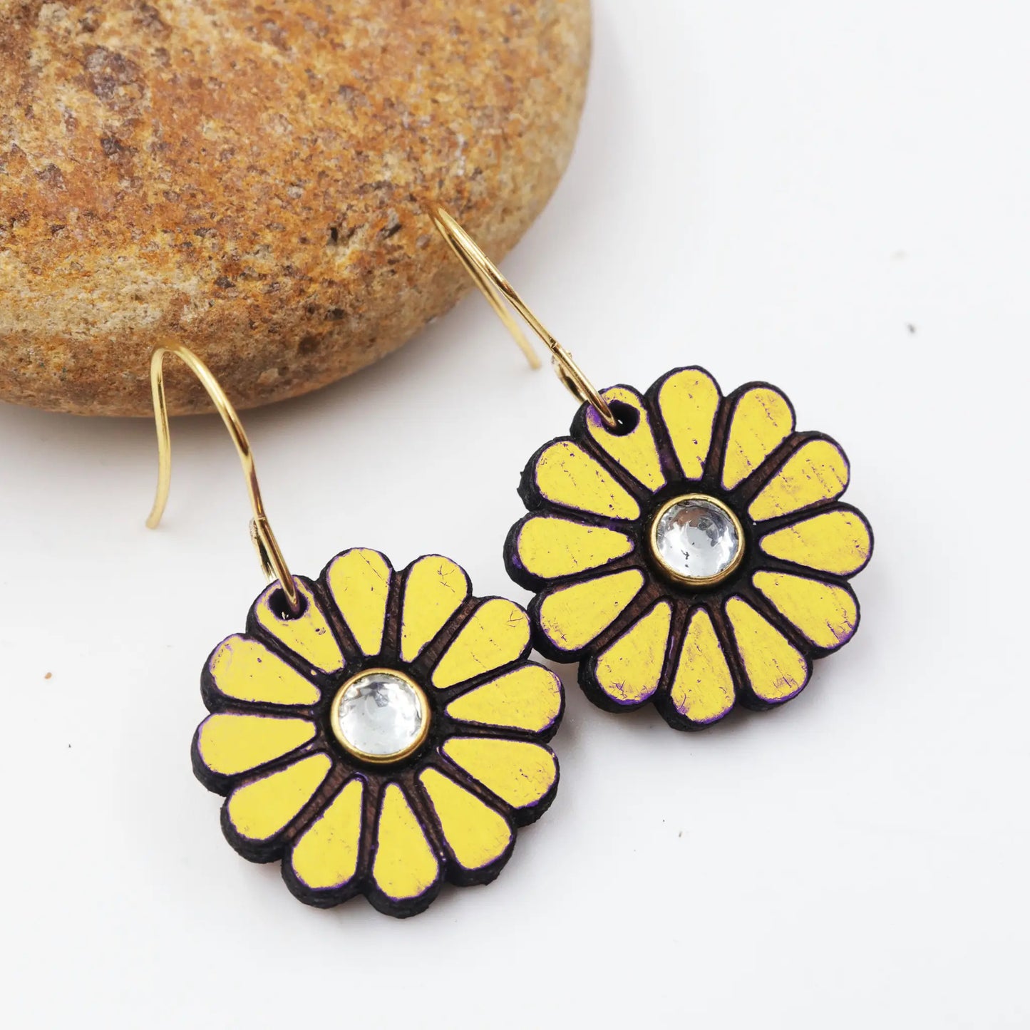Wooden earrings | floral design embellished with kundan stones | hand-painted wooden light weight earrings