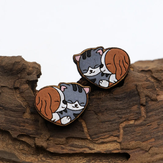 dog and cat earrings | wood stud earrings | cat and puppy wooden stud earrings | for women and kids