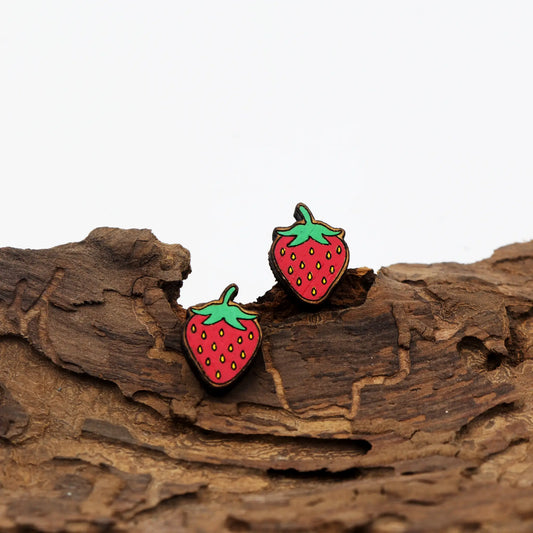 strawberry stud earrings |wooden stud earrings | hand-painted stud earrings | for women and kids