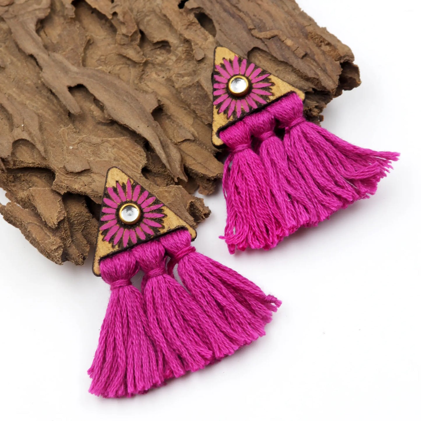 Tassel Earrings | Triangular tassel earrings | wooden floral earrings | Stud Type Tassel Earrings for women