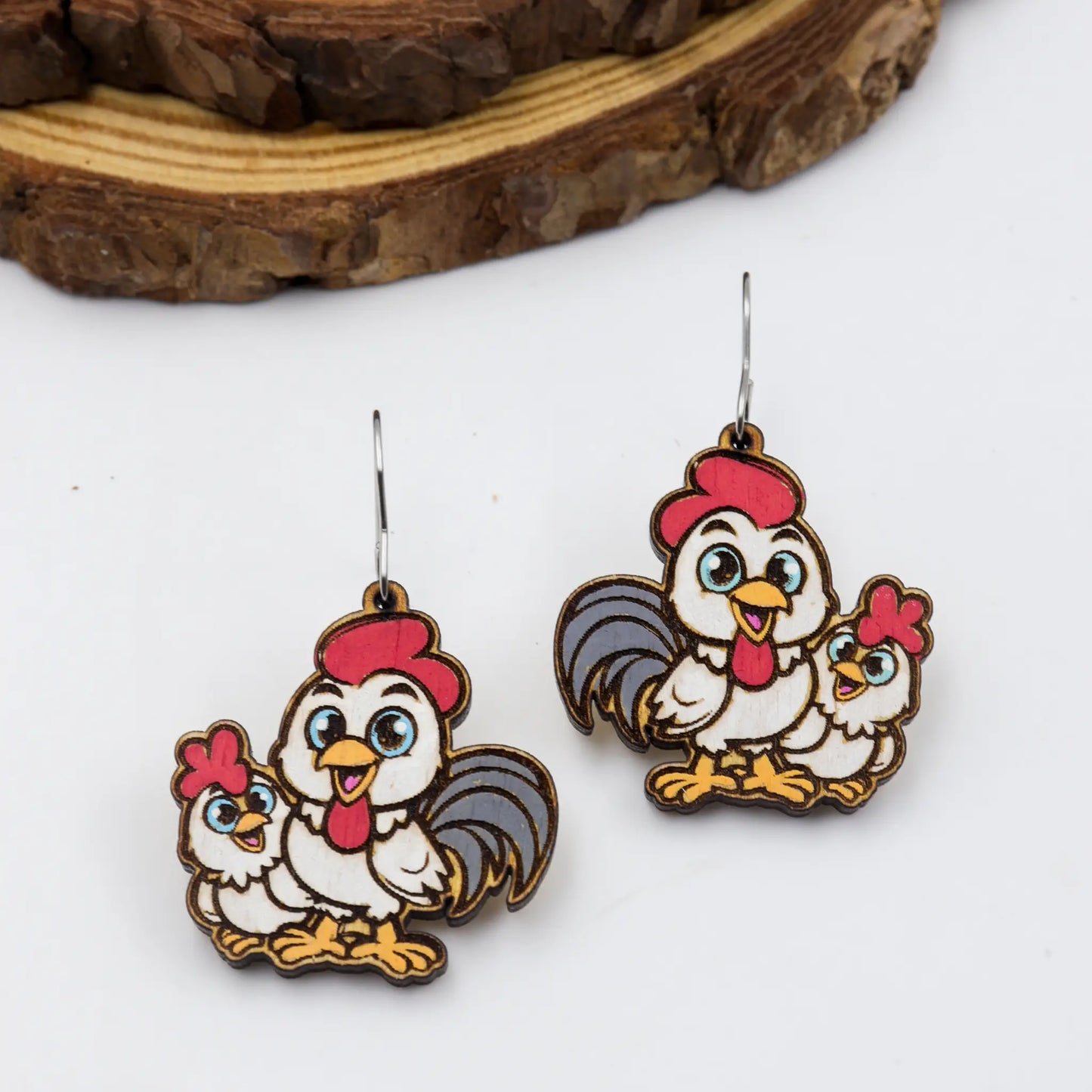 Rooster wooden earrings for women | mom and daughter rooster | hand painted wood earring