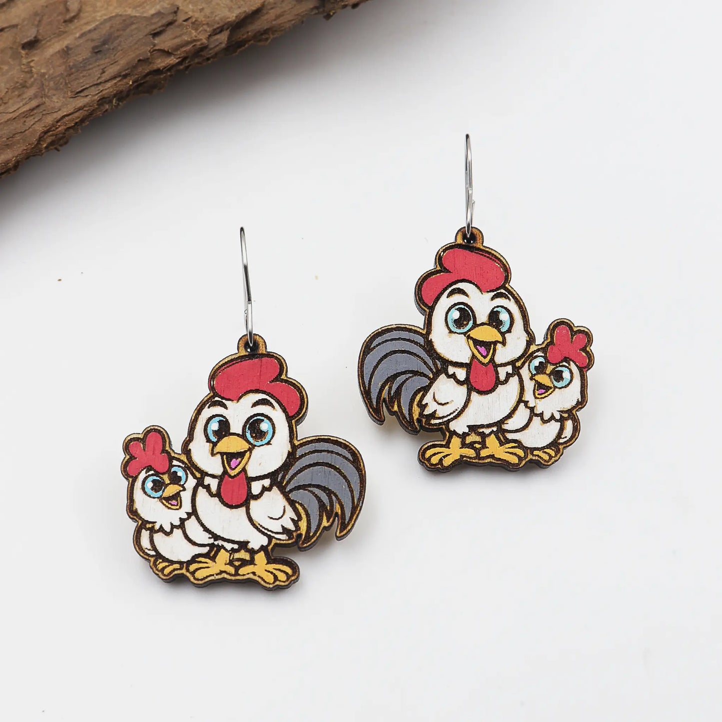 Rooster wooden earrings for women | mom and daughter rooster | hand painted wood earring
