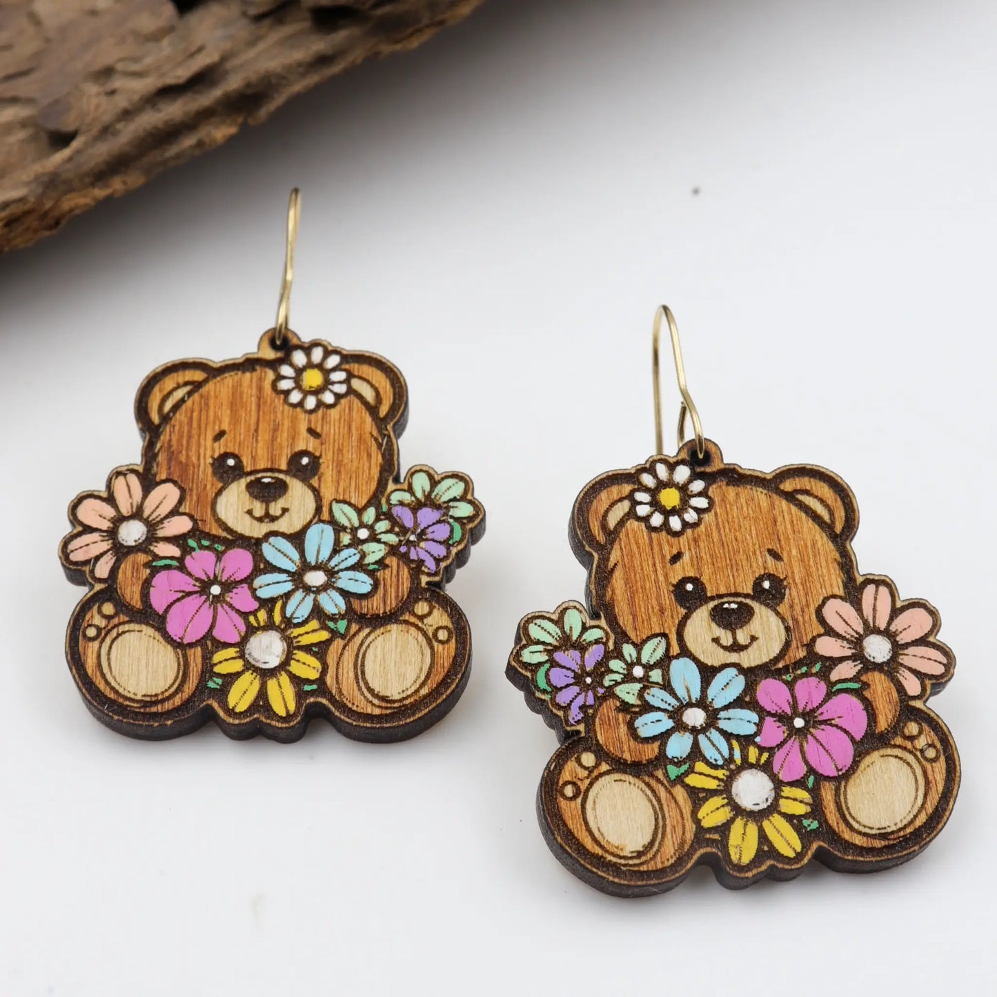 teddy bear wood earrings