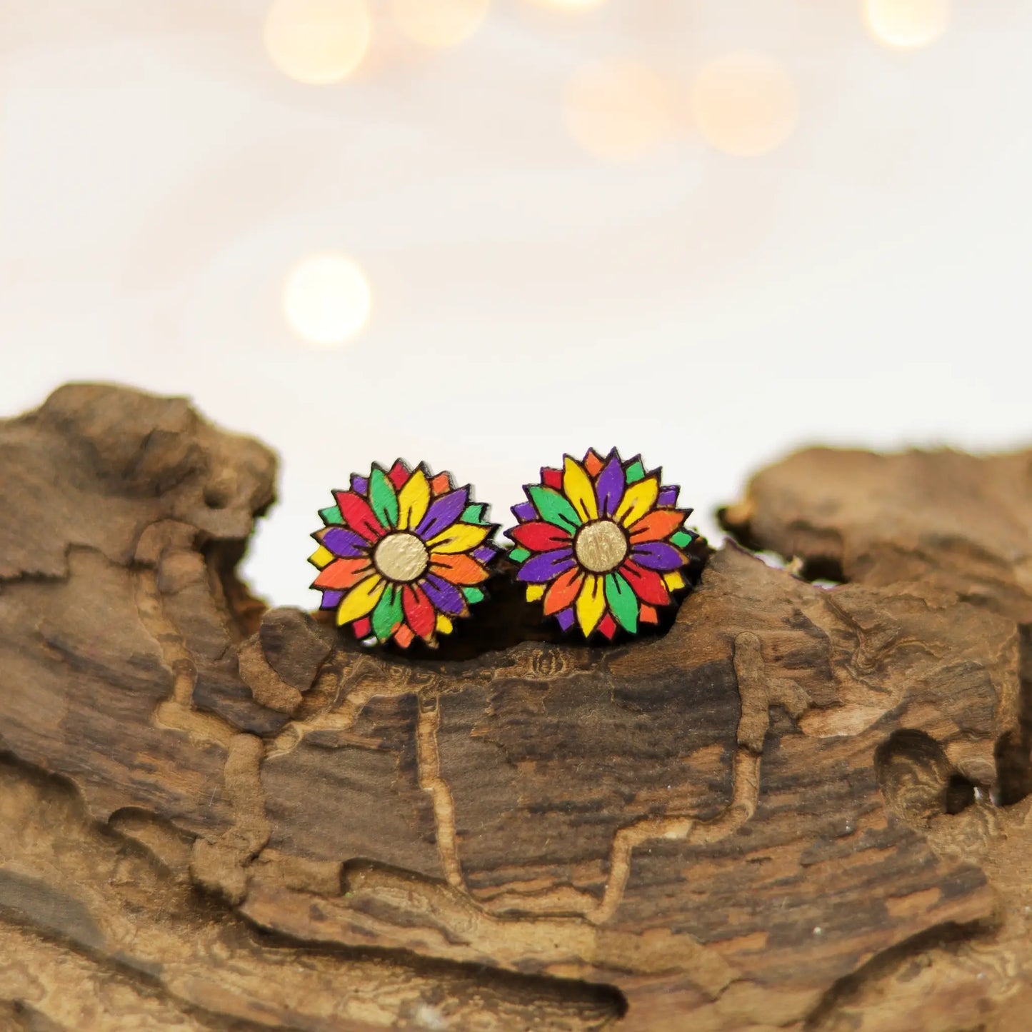 colorful flower earrings | wooden stud earrings | hand-painted stud earrings | for women and kids