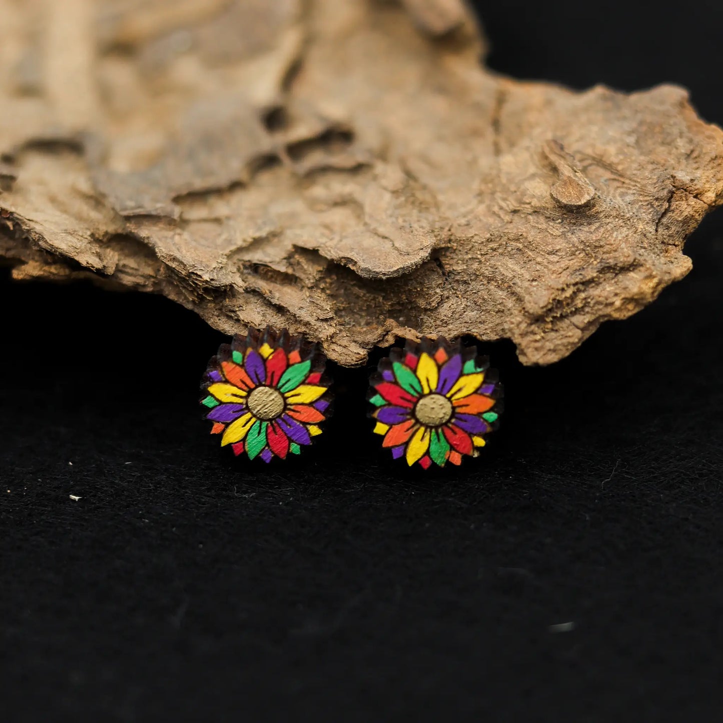 colorful flower earrings | wooden stud earrings | hand-painted stud earrings | for women and kids