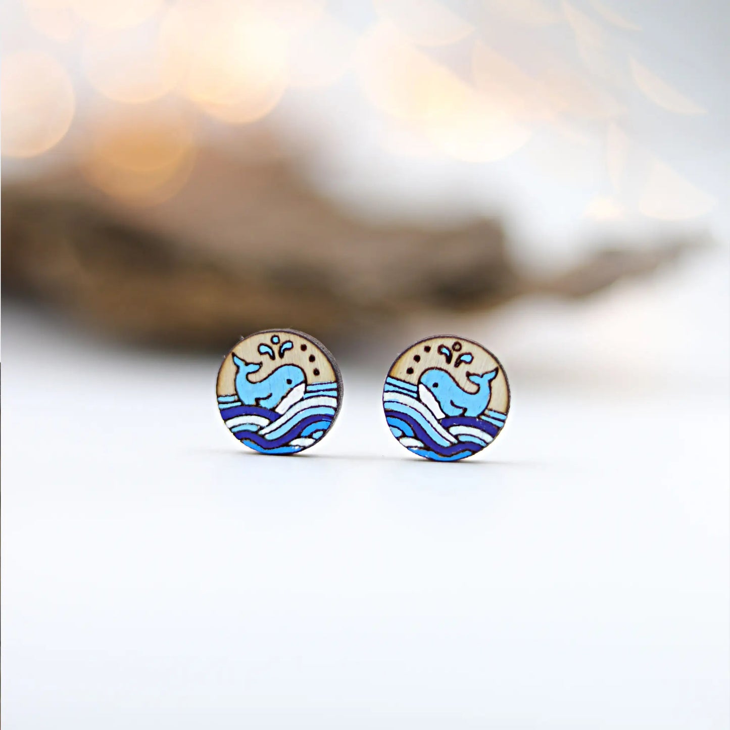 blue whale earrings | wooden stud earrings | hand-painted stud earrings | for women and kids