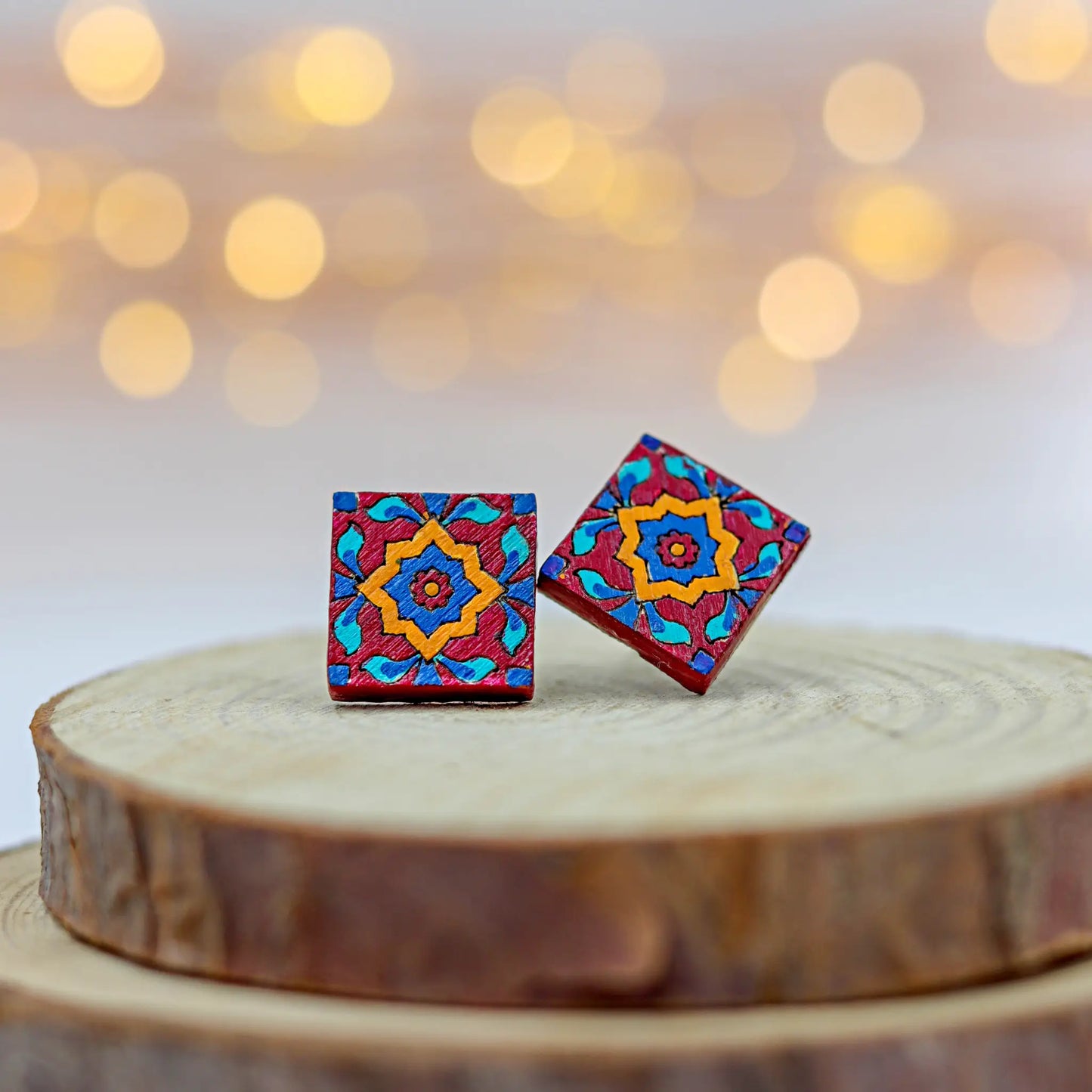 Hand-Painted Tile-Inspired Wooden Stud Earrings for women | sustainable fashion |gift for her