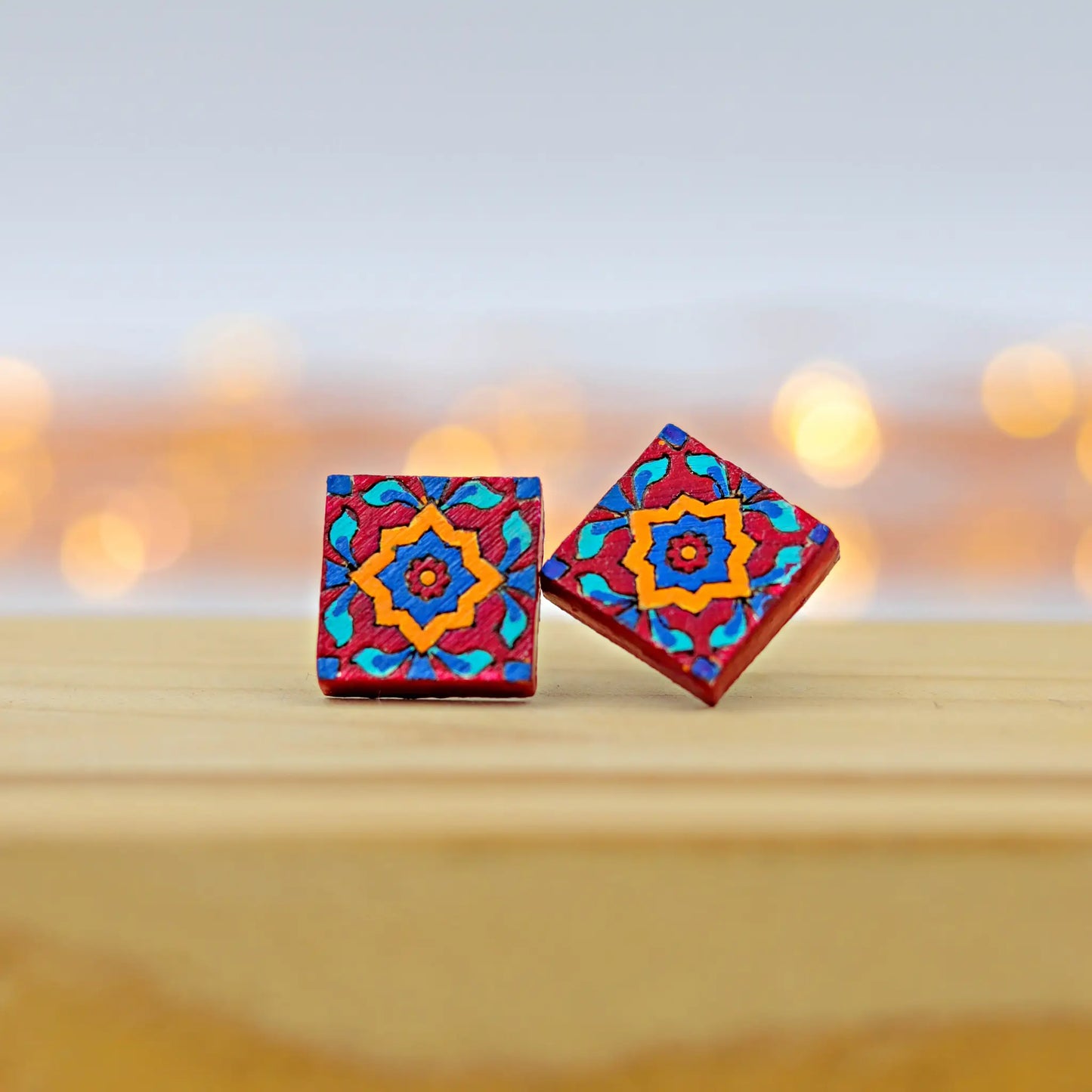 Hand-Painted Tile-Inspired Wooden Stud Earrings for women | sustainable fashion |gift for her