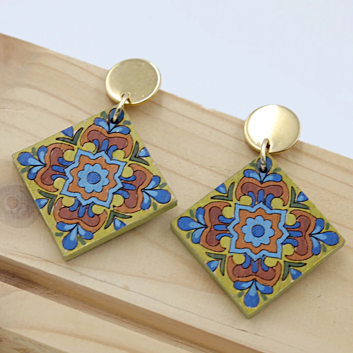 Hand-Painted Green Tile Pattern Wooden Dangle Earrings | eco-friendly and sustainable fashion | tiles inspired jewellery