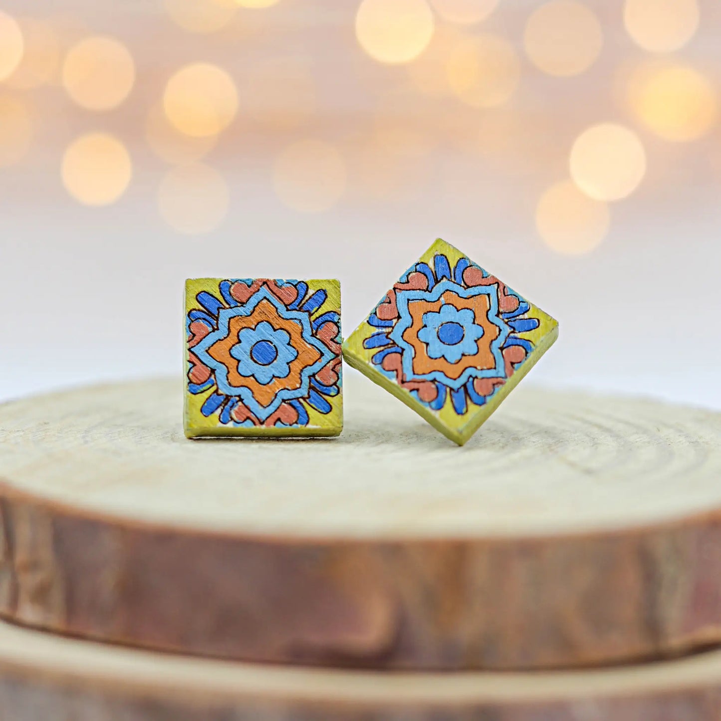 Hand-Painted Green Tile-Inspired Wooden Stud Earrings for women | sustainable fashion | gift for her