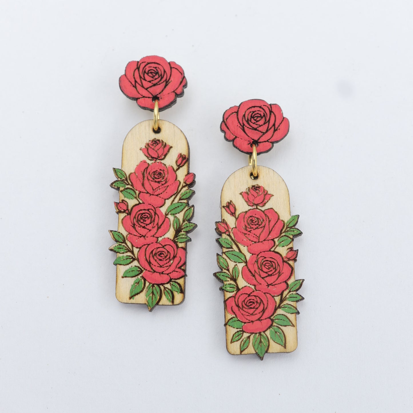 Hand-Painted Rose Blossom Laser-Cut Wood Earrings | jewellery for women