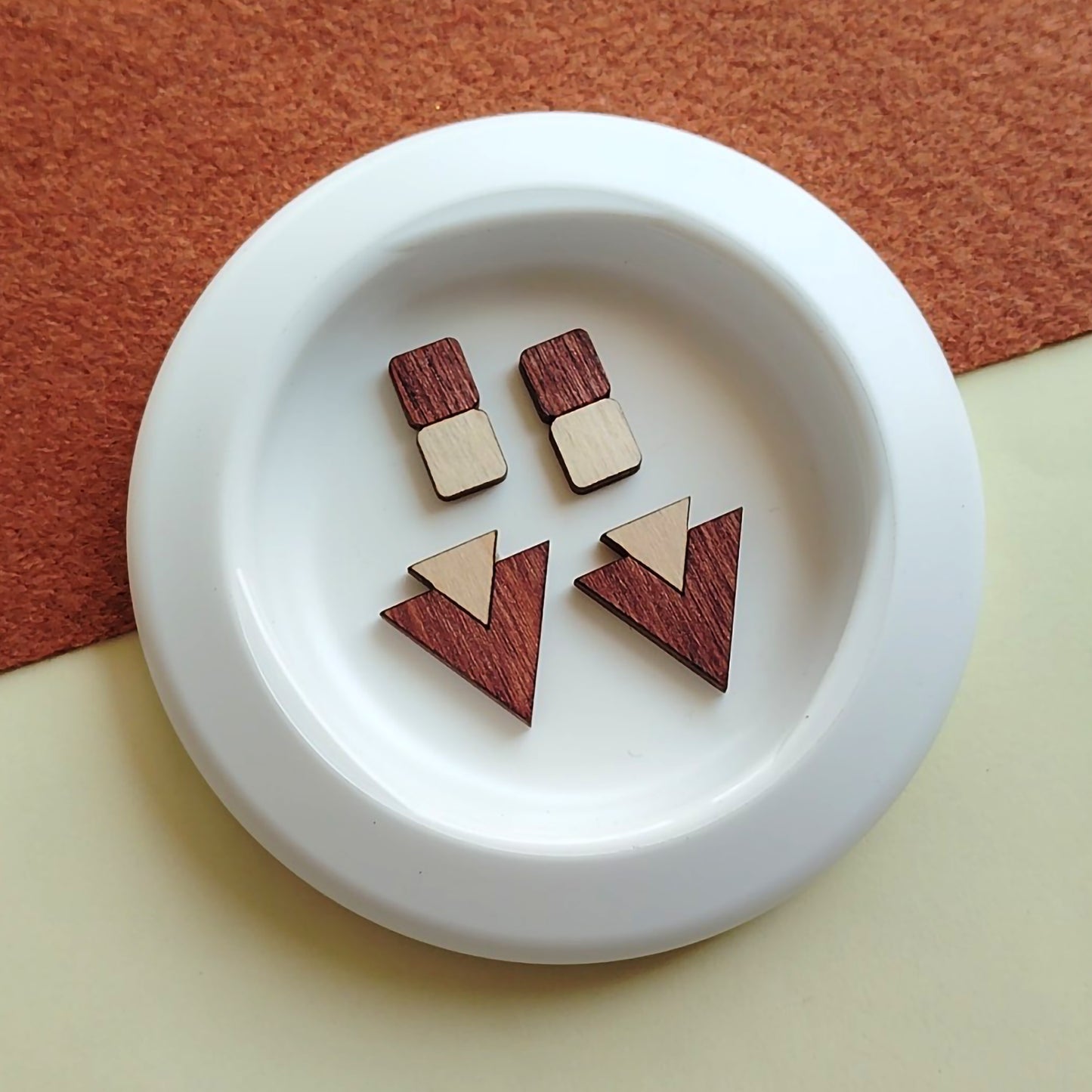 Geometric Two-Tone Wooden Earrings | Stud Earrings