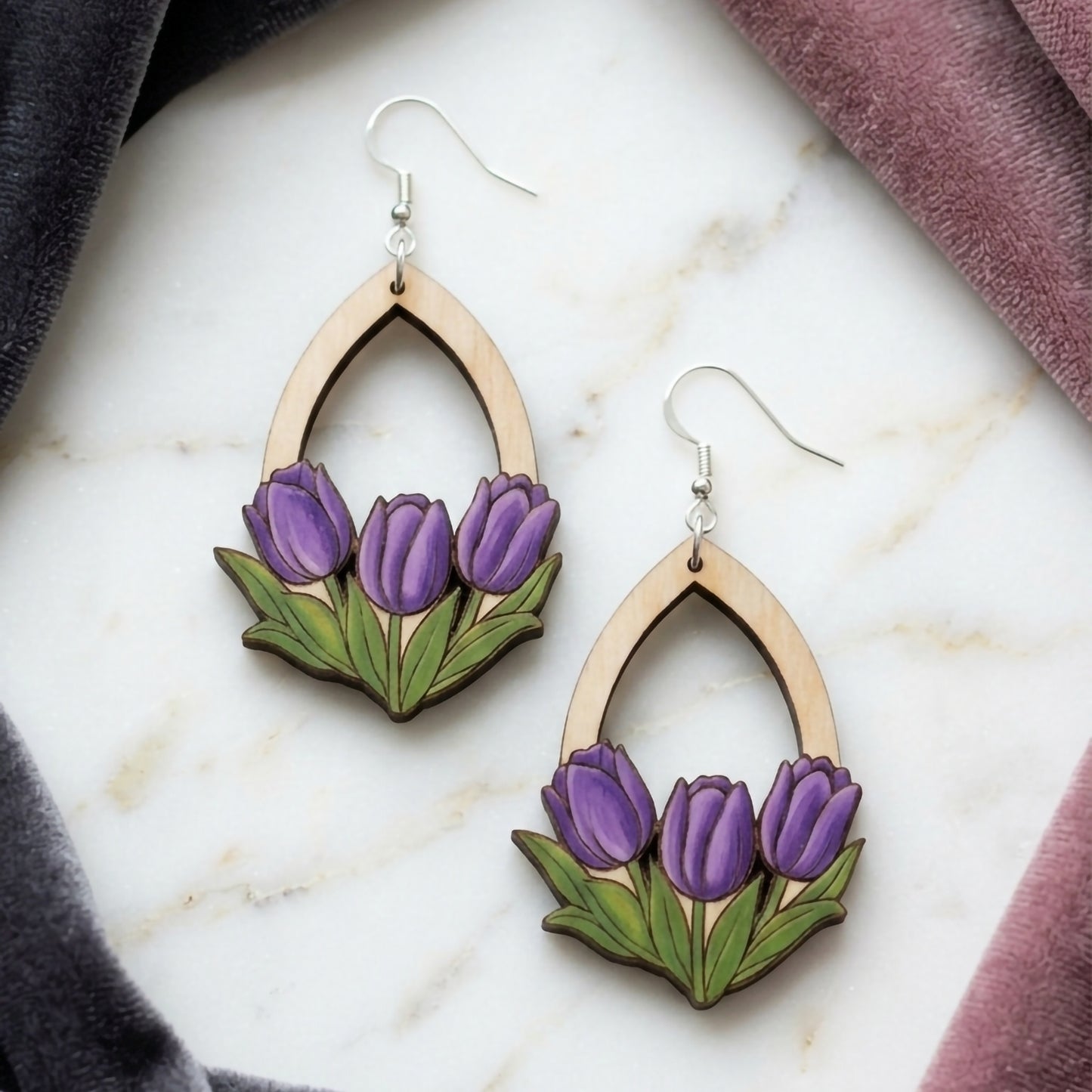 Hand-Painted Tulip Wood Teardrop Earrings – Available in 7 Colors