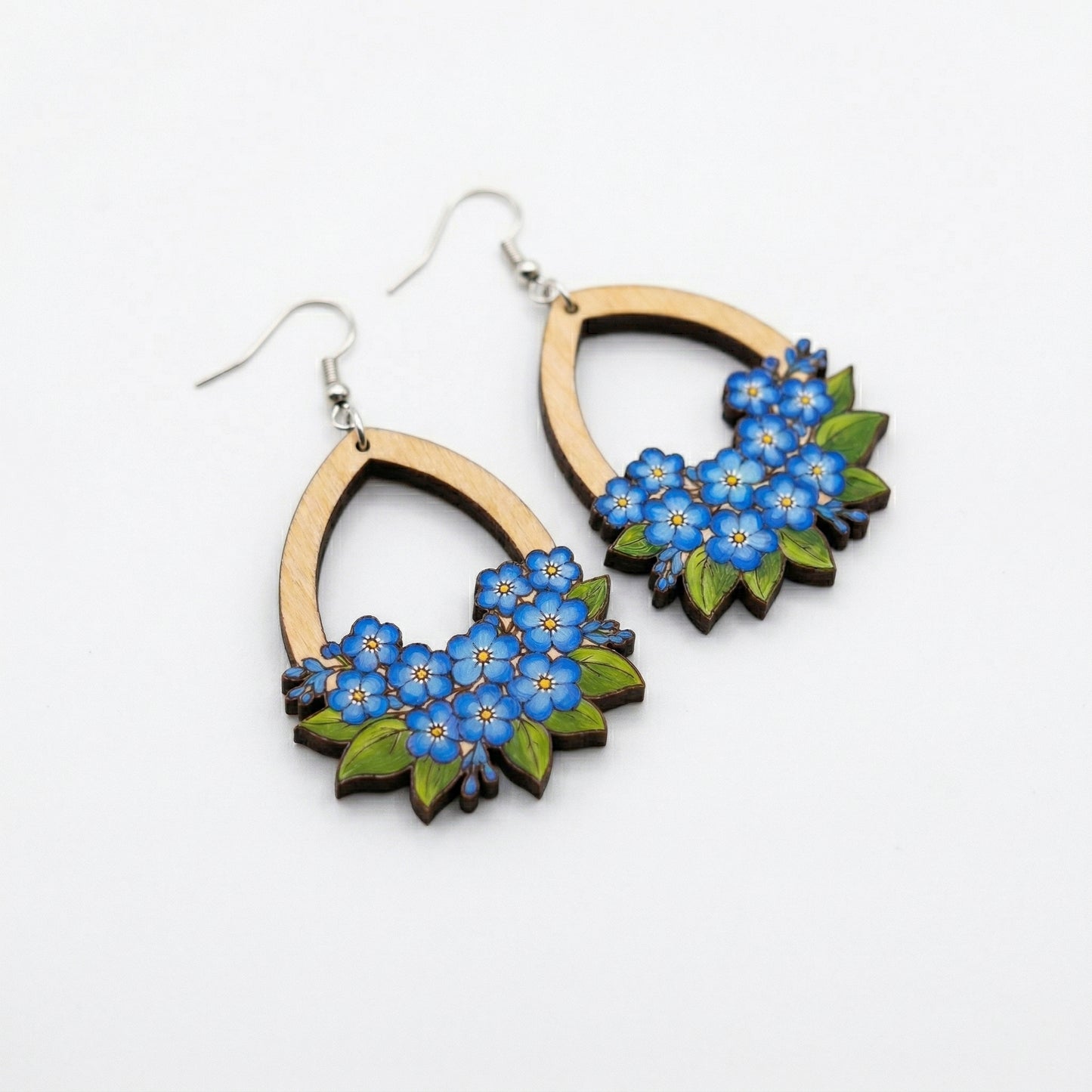 Forget-Me-Not Wood Drop Earrings | Hand-Painted Blue Flower Botanical Jewelry