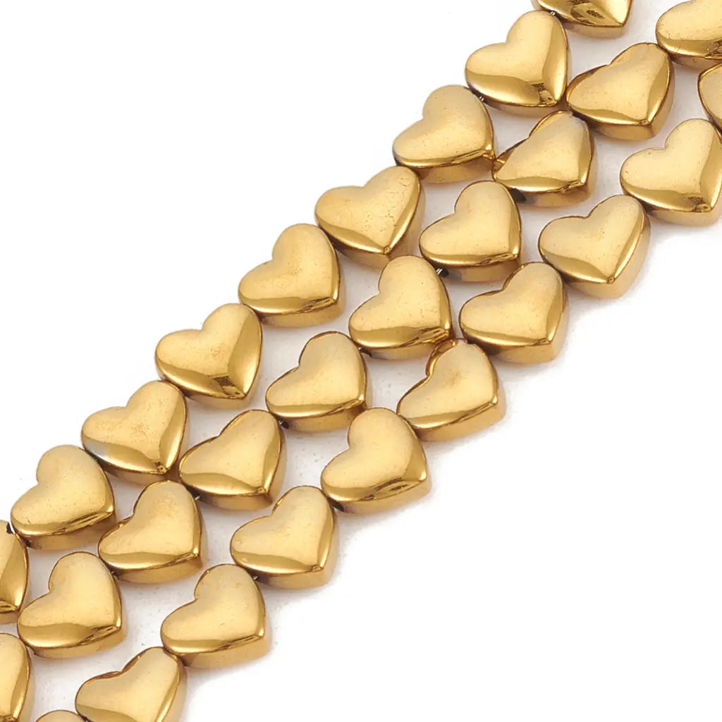 Electroplate Non-magnetic Synthetic Hematite Beads Strands, Heart, Golden Plated (Pack of 10)